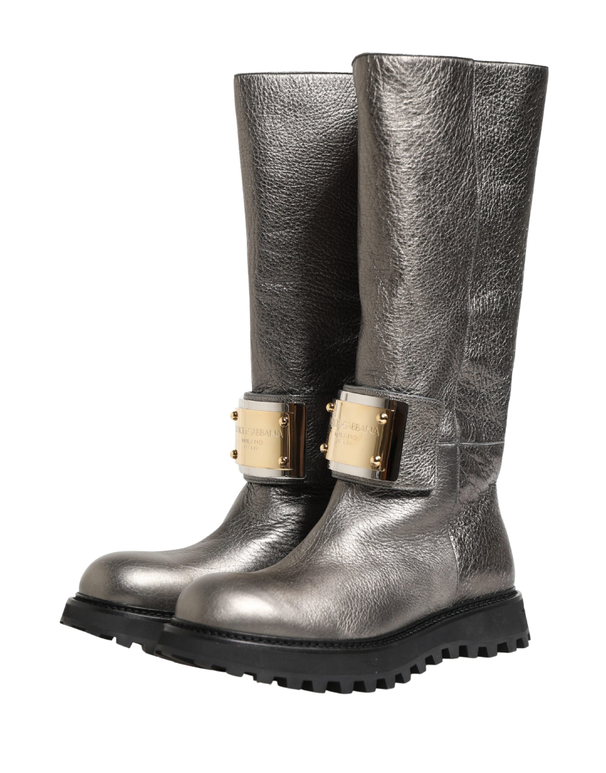 Dolce & Gabbana Metallic Silver Leather Mid Calf Boots Men's Shoes