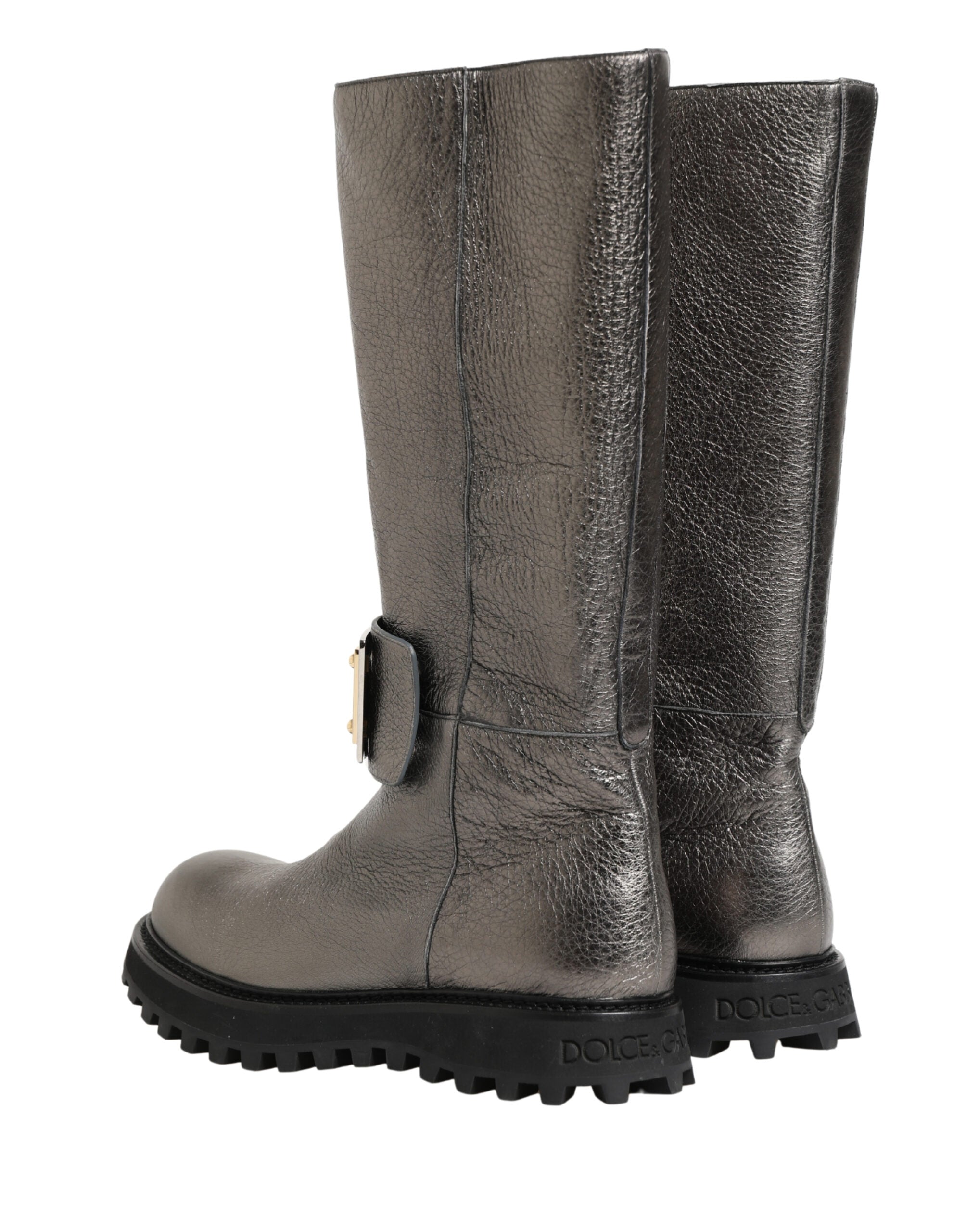 Dolce & Gabbana Metallic Silver Leather Mid Calf Boots Men's Shoes