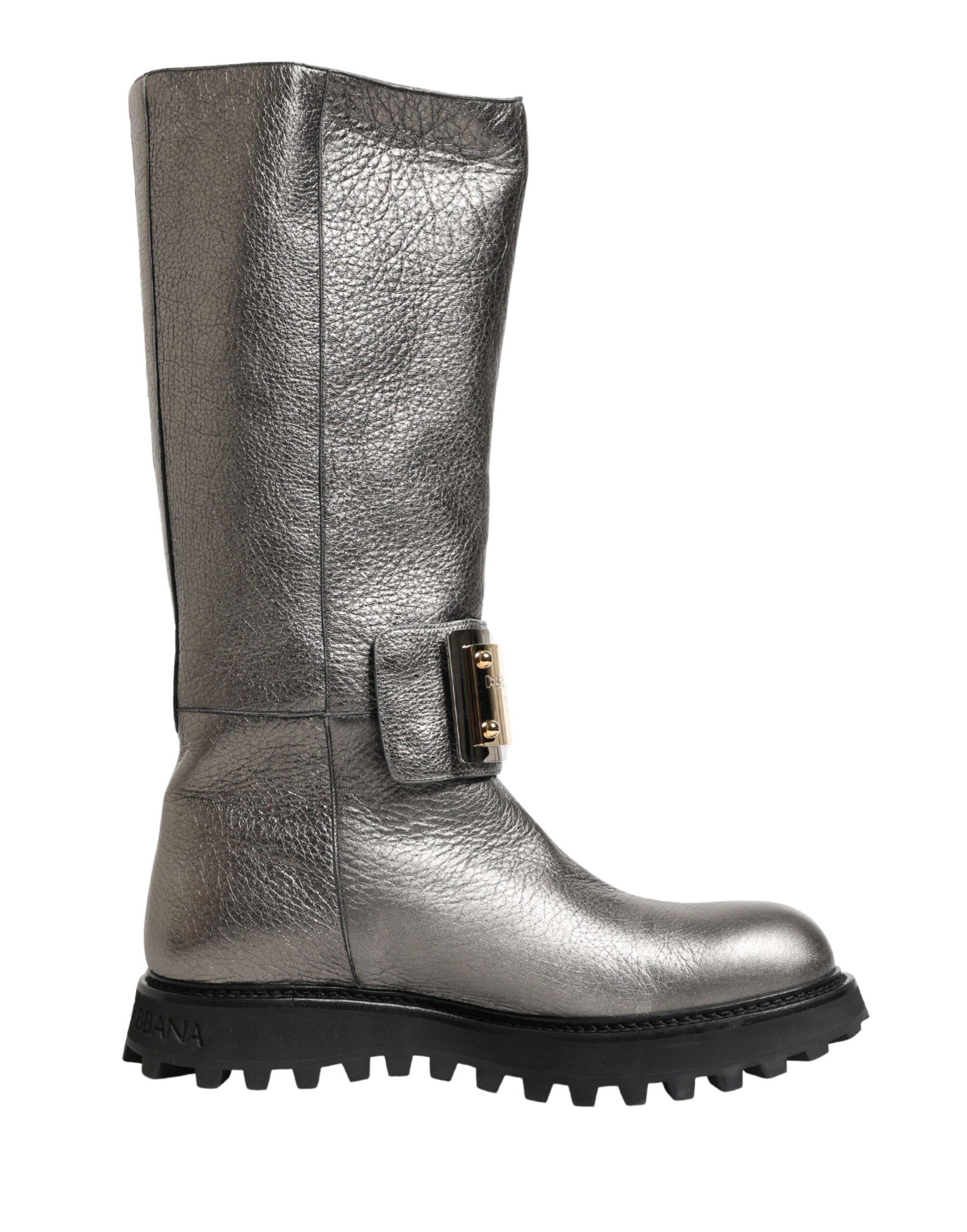 Dolce & Gabbana Metallic Silver Leather Mid Calf Boots Men's Shoes