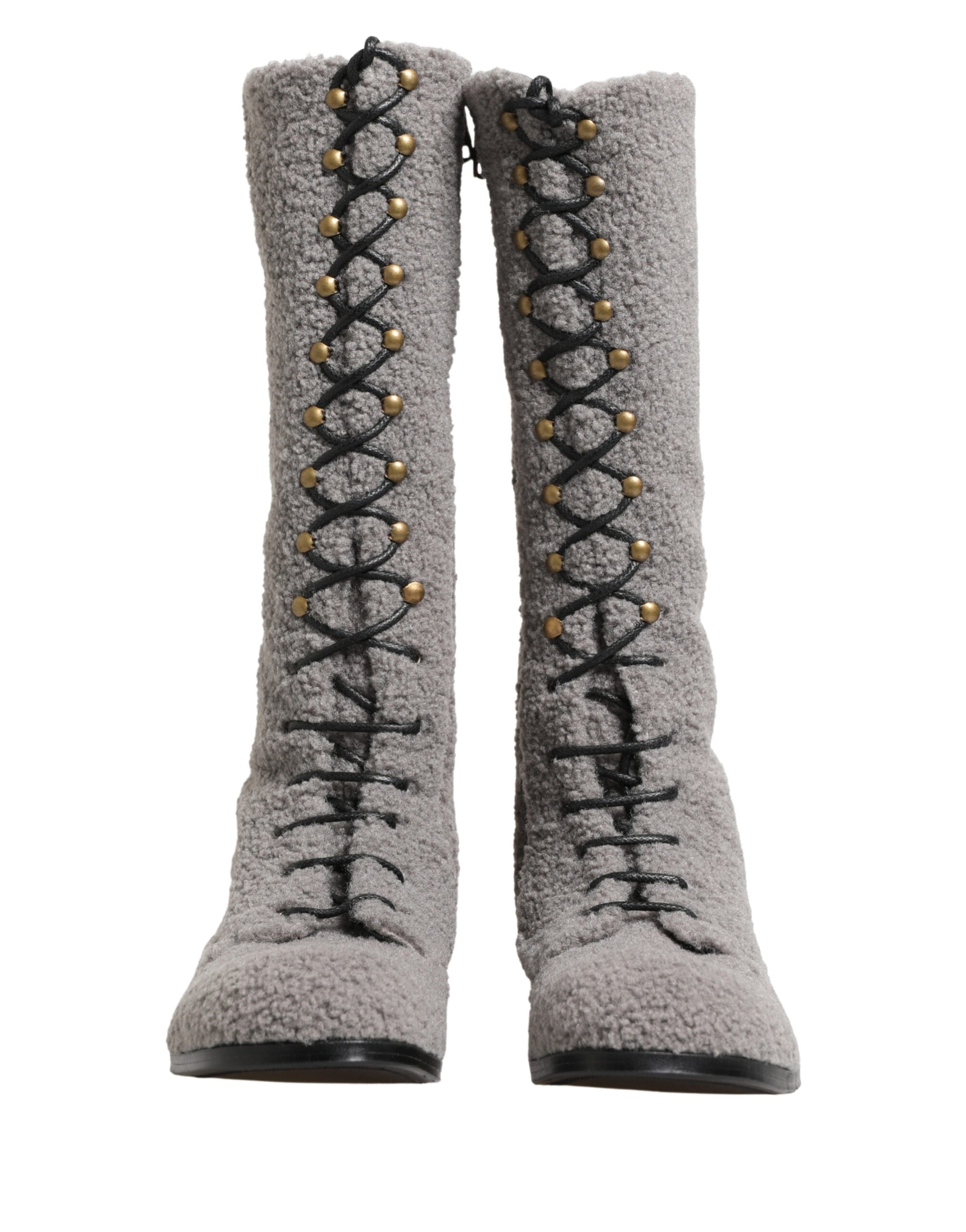 Dolce & Gabbana Gray Shearling Lace Up Knee High Boots Men's Shoes