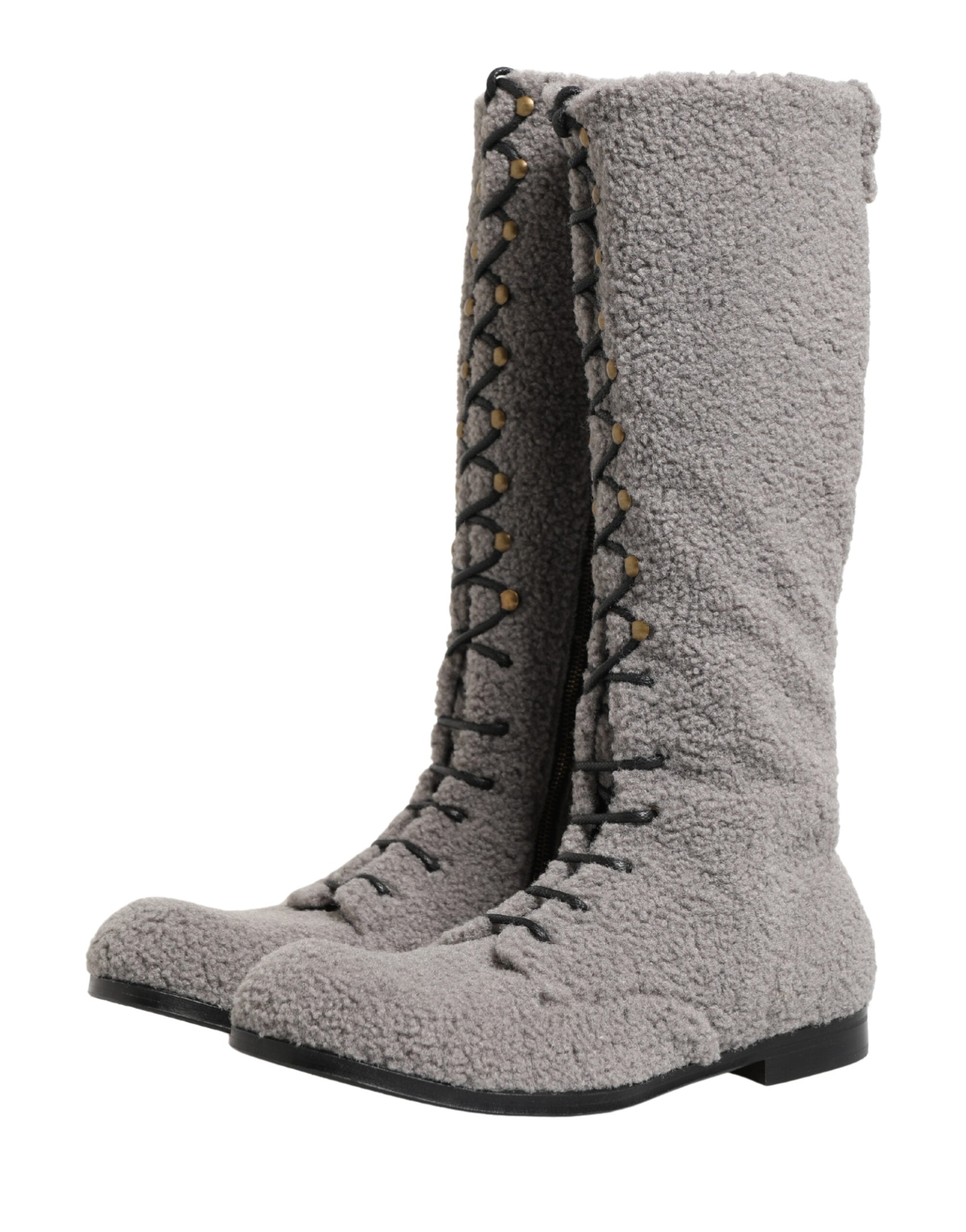 Dolce & Gabbana Gray Shearling Lace Up Knee High Boots Men's Shoes