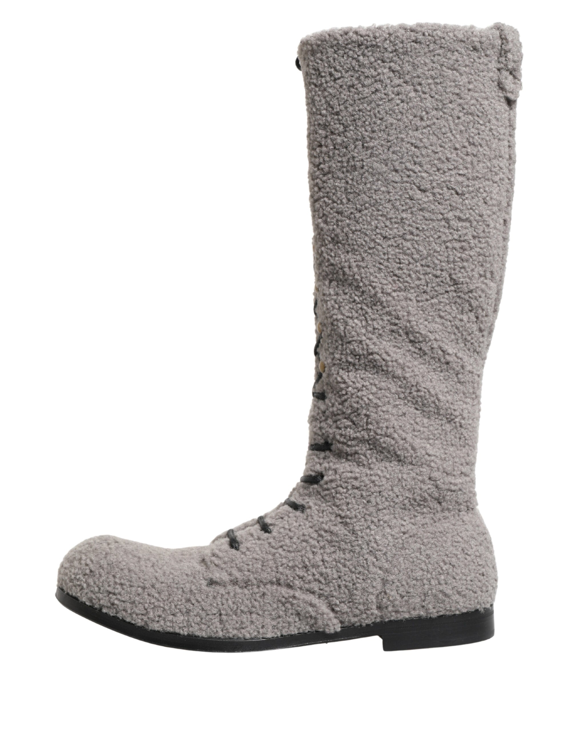 Dolce & Gabbana Gray Shearling Lace Up Knee High Boots Men's Shoes