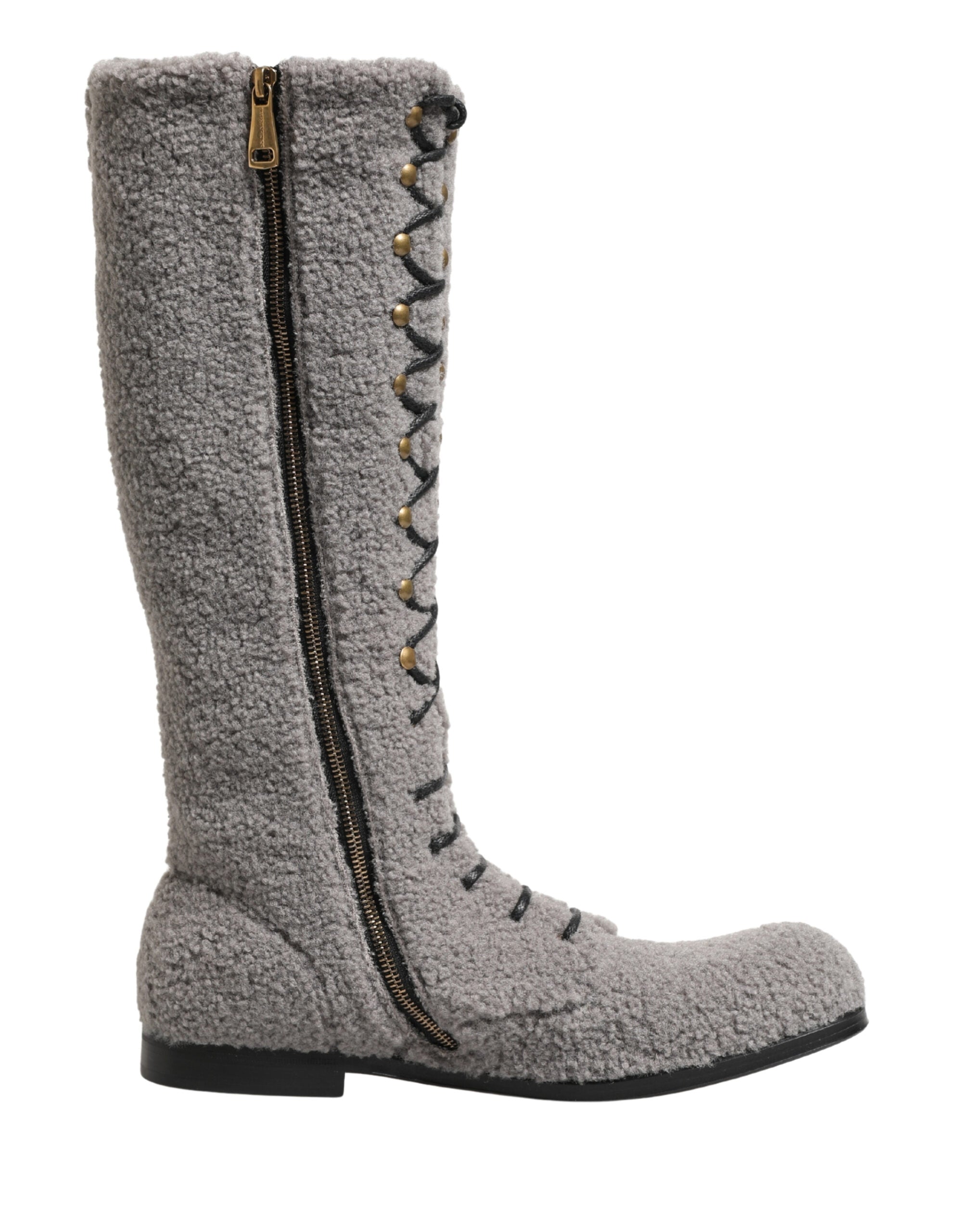 Dolce & Gabbana Gray Shearling Lace Up Knee High Boots Men's Shoes