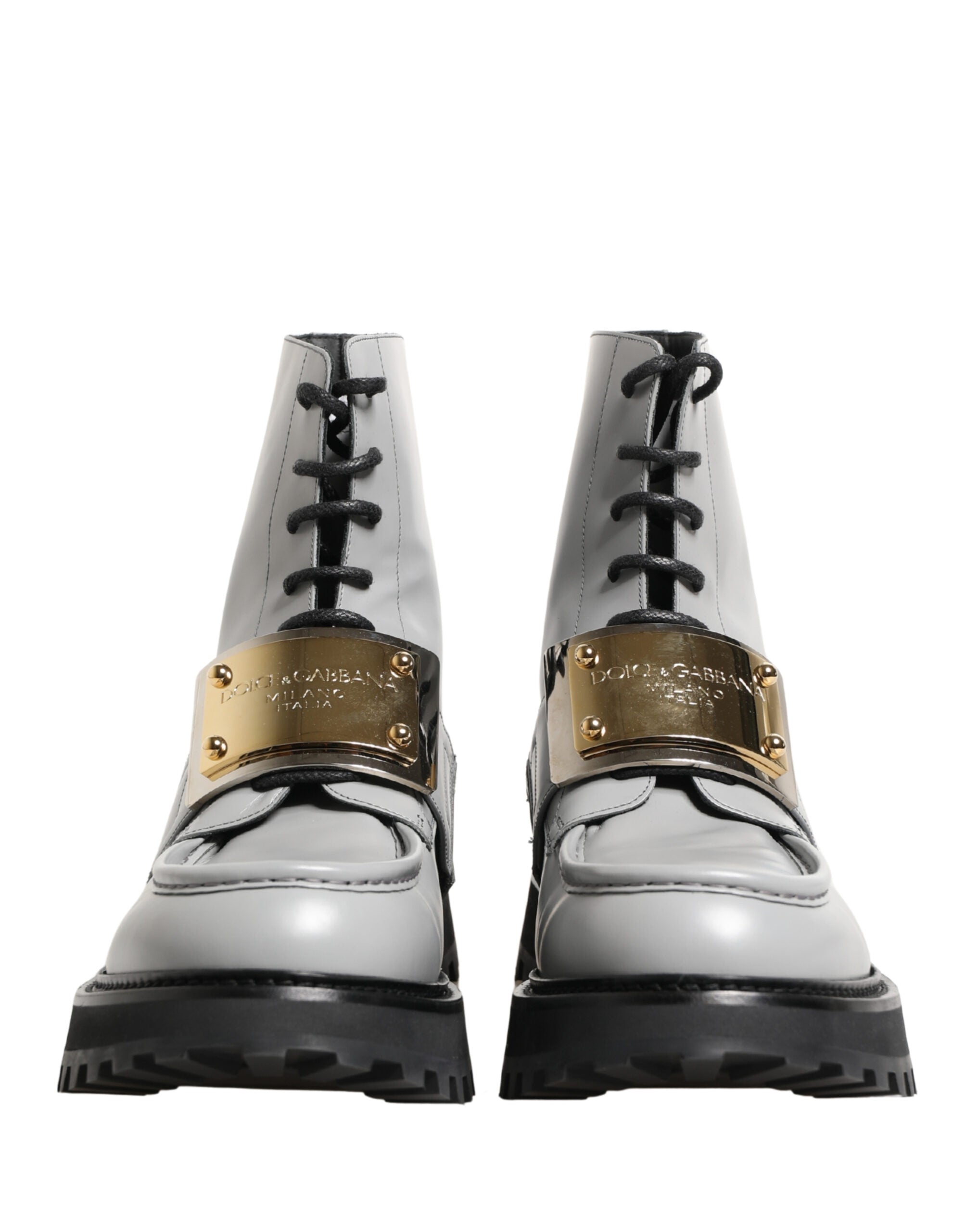 Dolce & Gabbana Gray Leather Logo Plaque Ankle Boots Men's Shoes