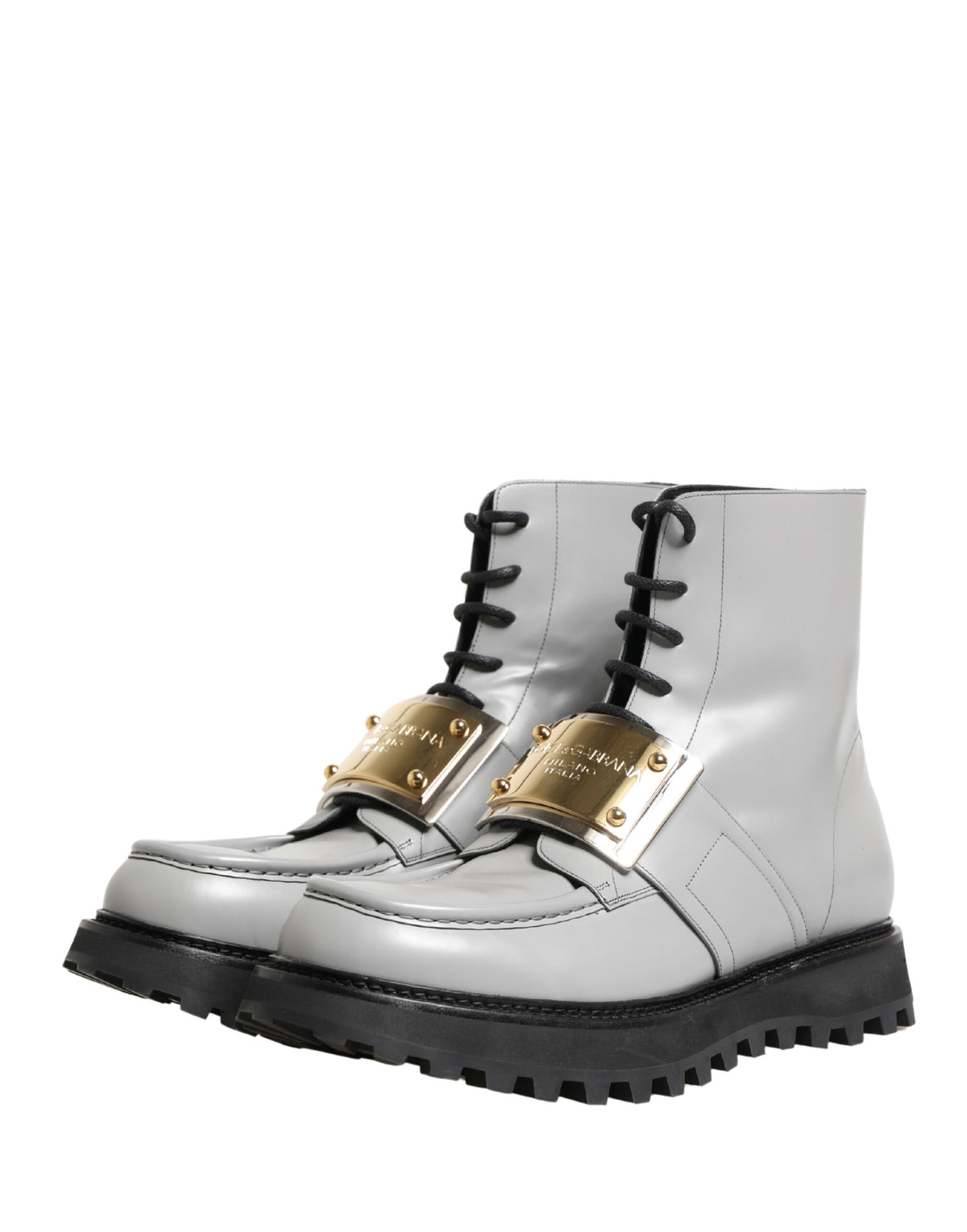 Dolce & Gabbana Gray Leather Logo Plaque Ankle Boots Men's Shoes