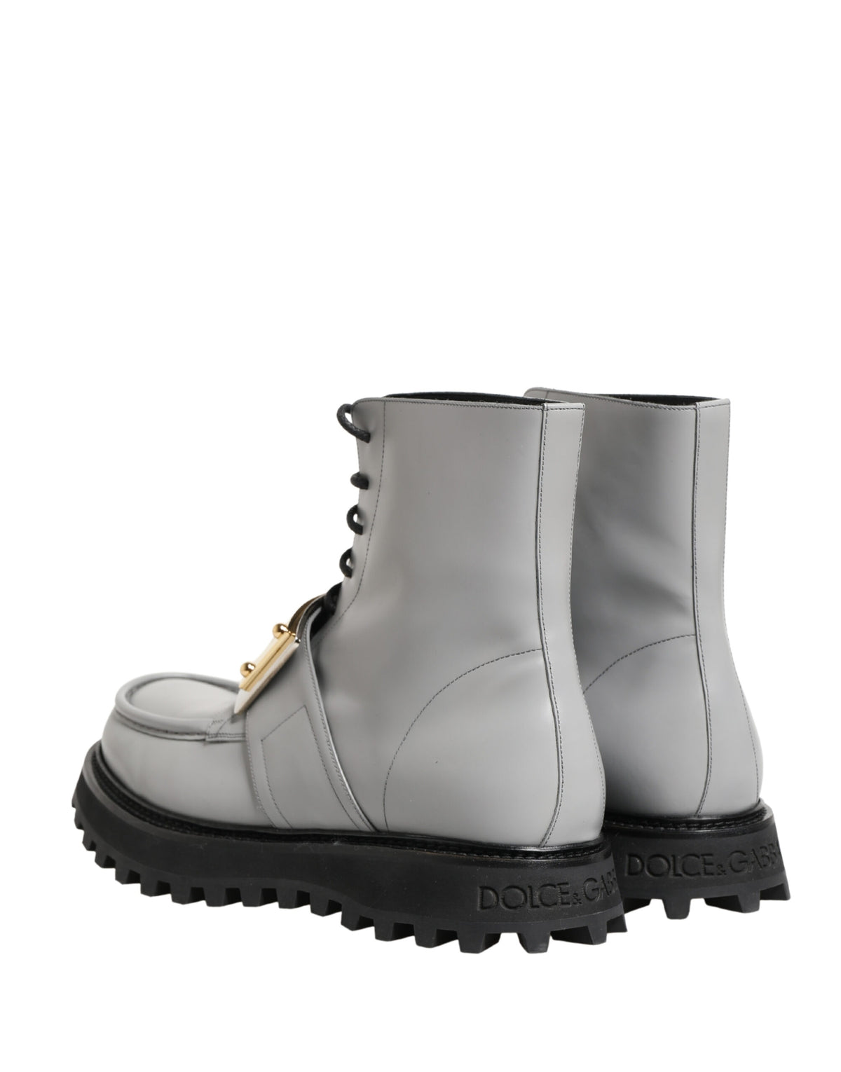 Dolce & Gabbana Gray Leather Logo Plaque Ankle Boots Men's Shoes
