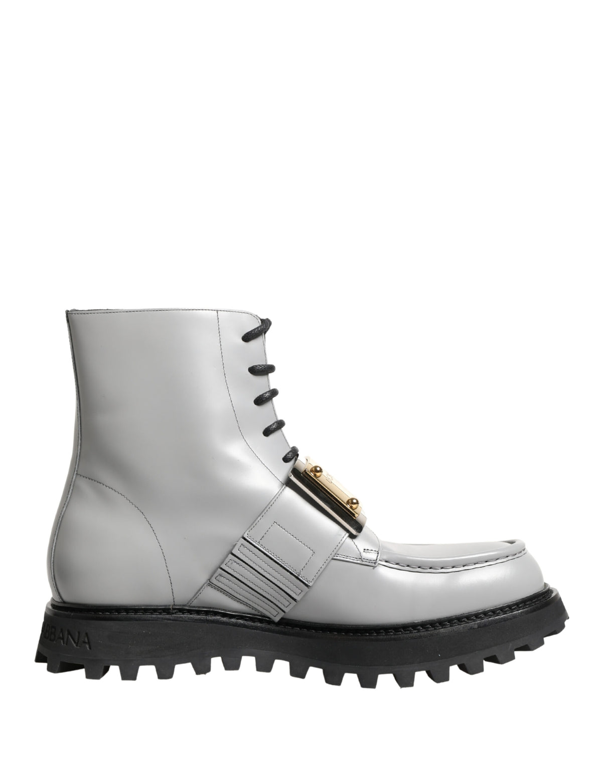Dolce & Gabbana Gray Leather Logo Plaque Ankle Boots Men's Shoes