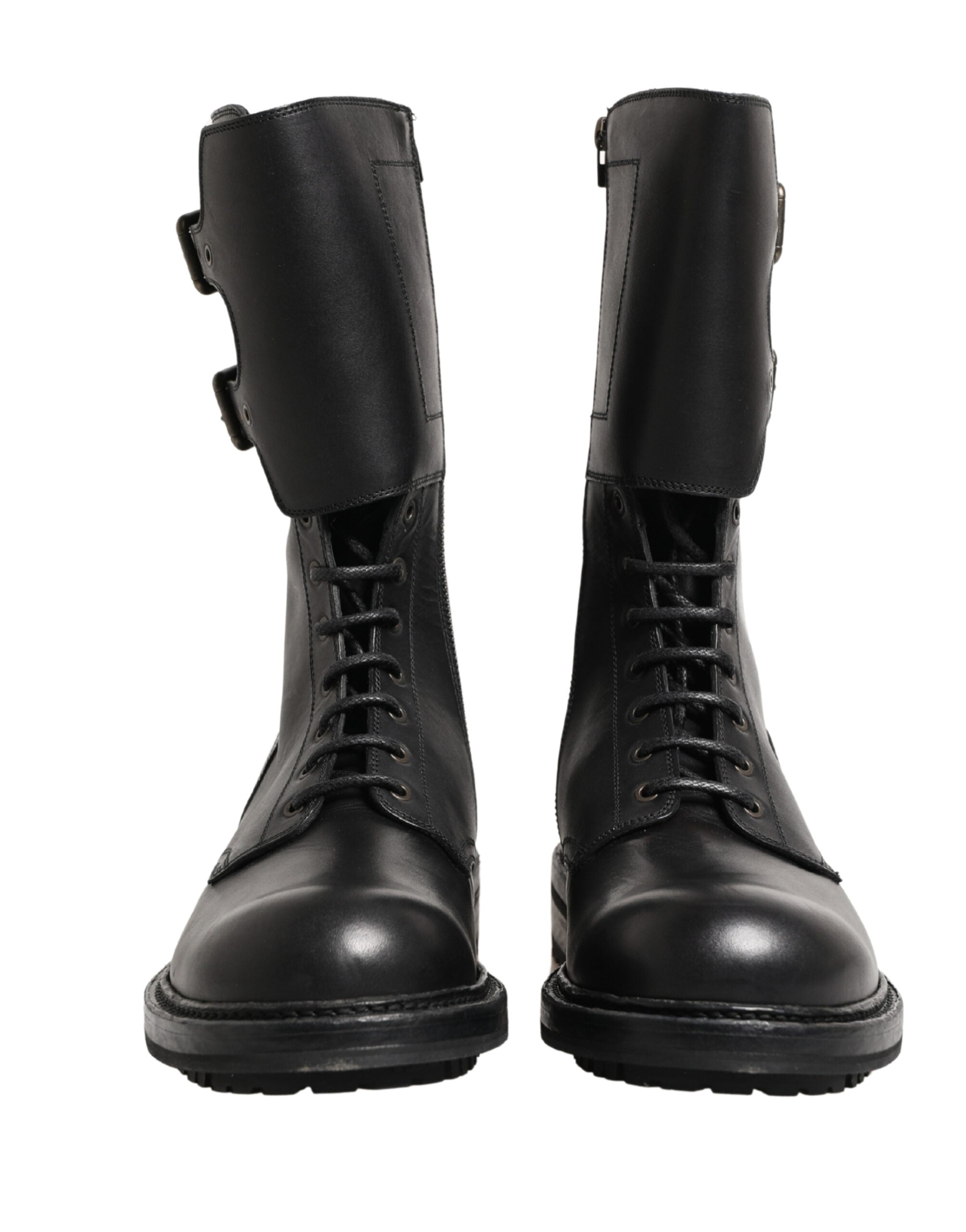 Dolce & Gabbana Black Leather Belted Buckle Combat Boots Men's Shoes