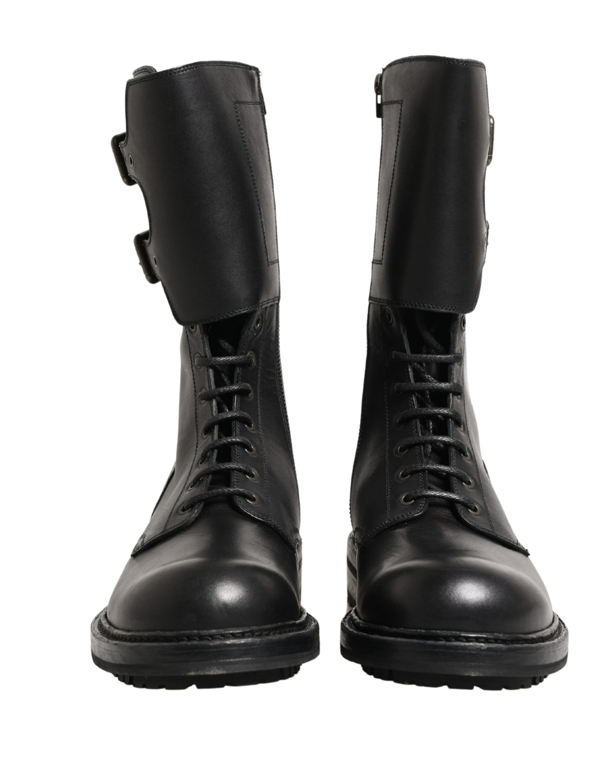 Dolce & Gabbana Black Leather Belted Buckle Combat Boots Men's Shoes
