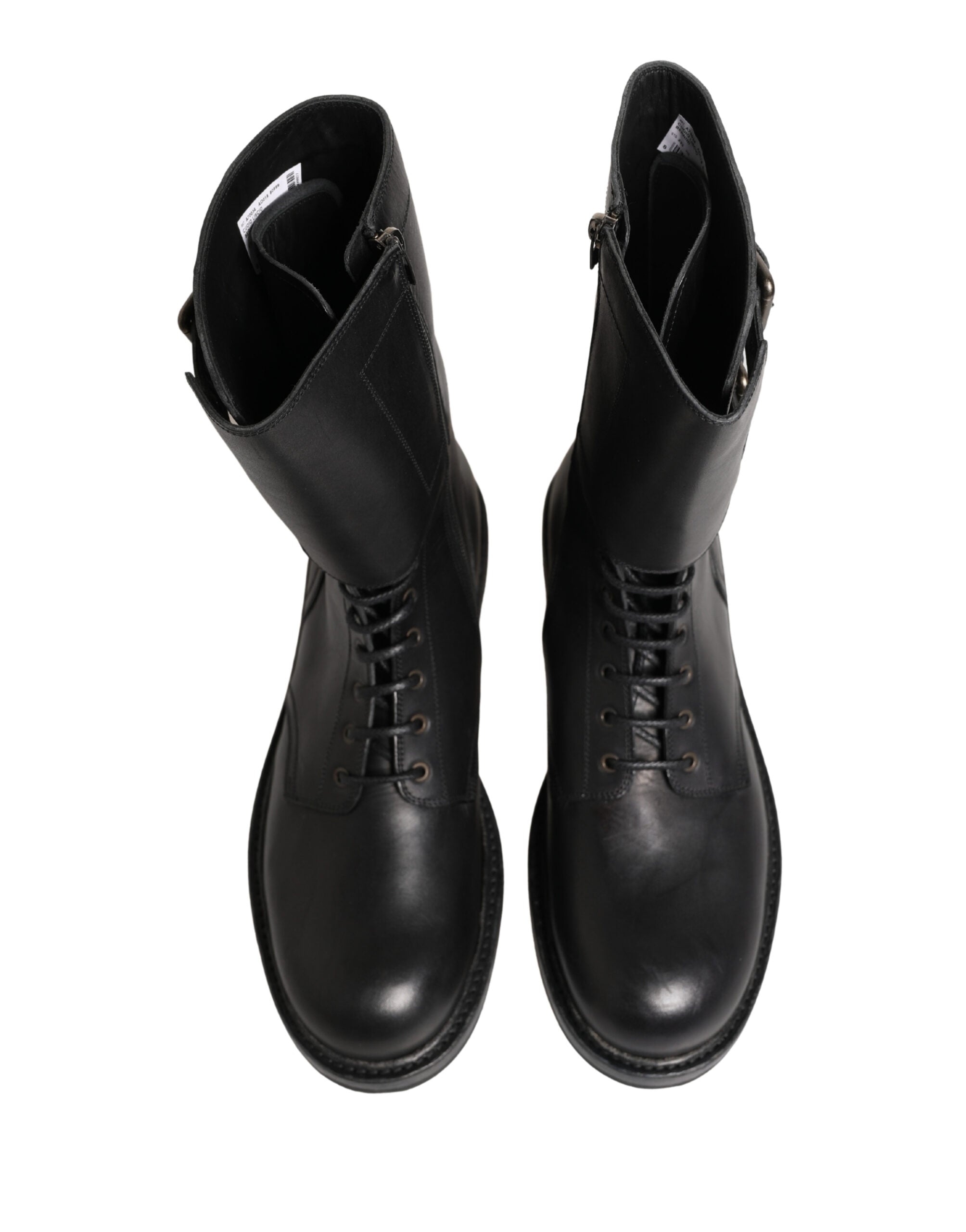 Dolce & Gabbana Black Leather Belted Buckle Combat Boots Men's Shoes