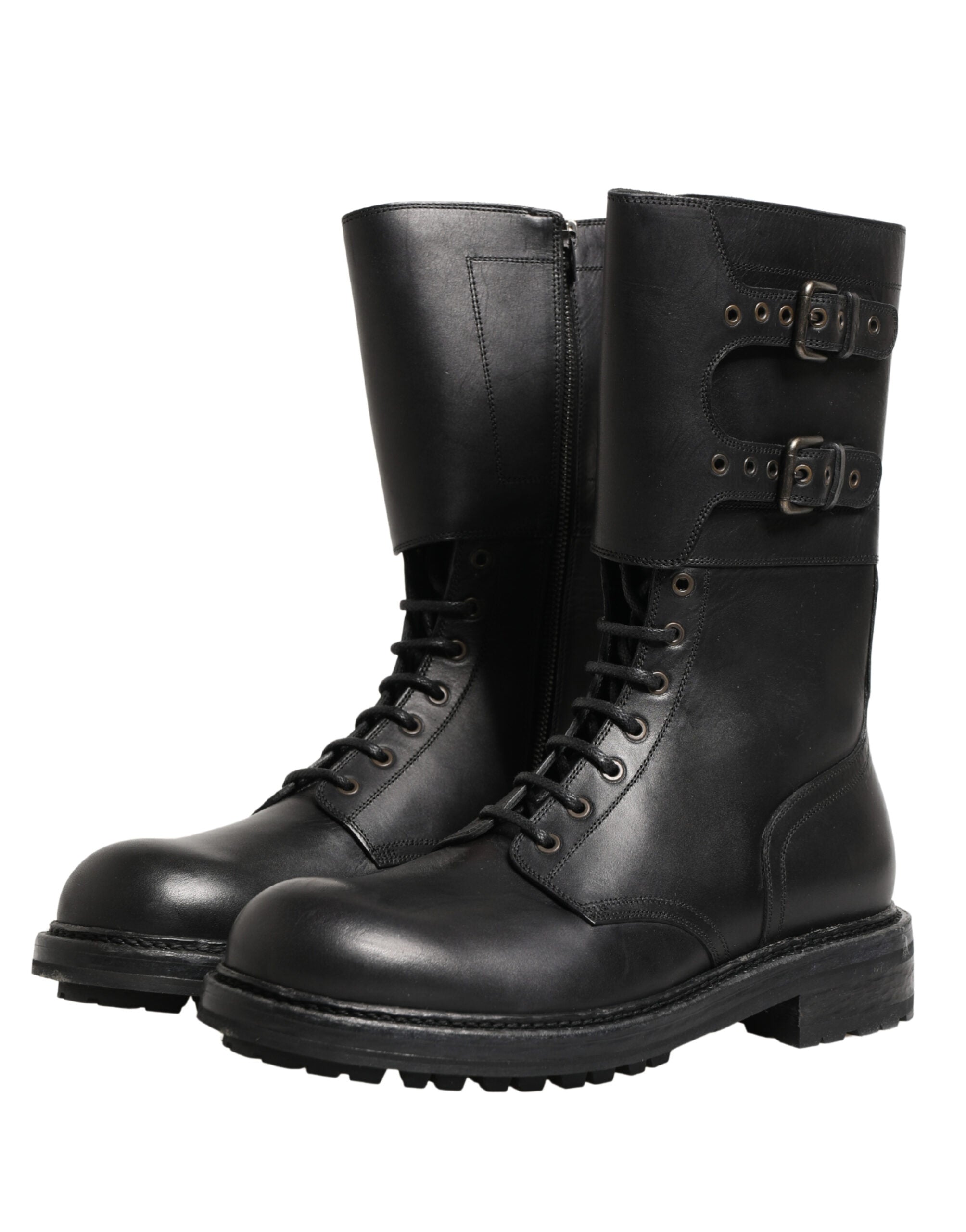 Dolce & Gabbana Black Leather Belted Buckle Combat Boots Men's Shoes