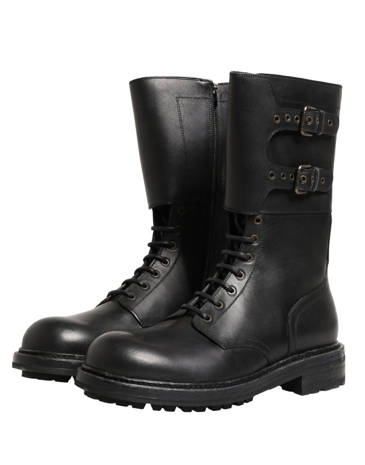 Dolce & Gabbana Black Leather Belted Buckle Combat Boots Men's Shoes
