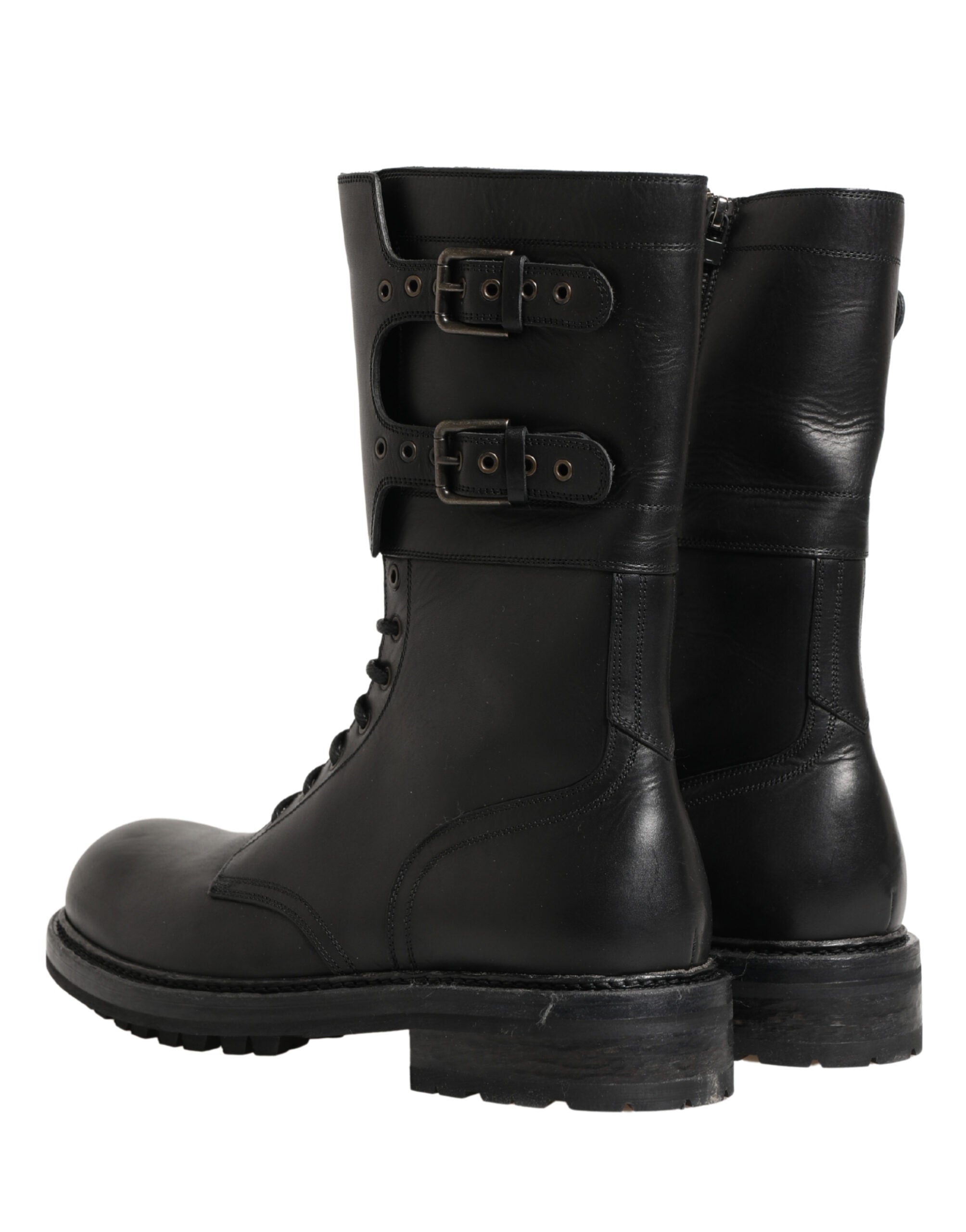 Dolce & Gabbana Black Leather Belted Buckle Combat Boots Men's Shoes