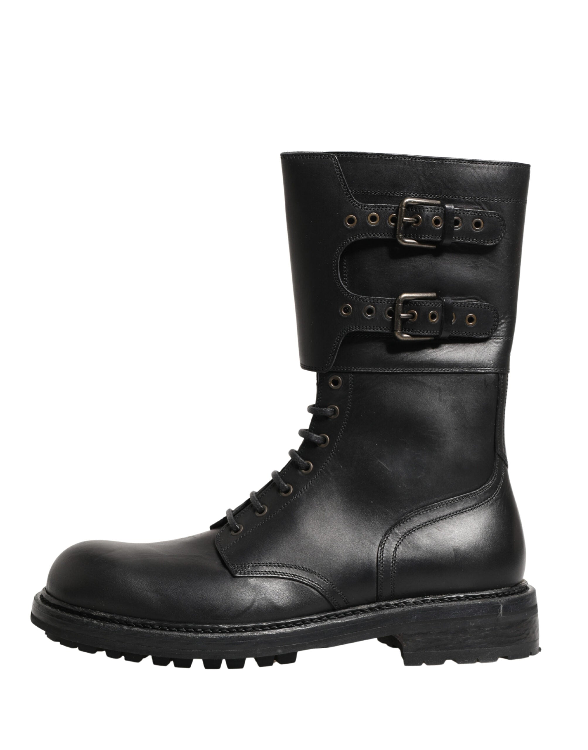 Dolce & Gabbana Black Leather Belted Buckle Combat Boots Men's Shoes