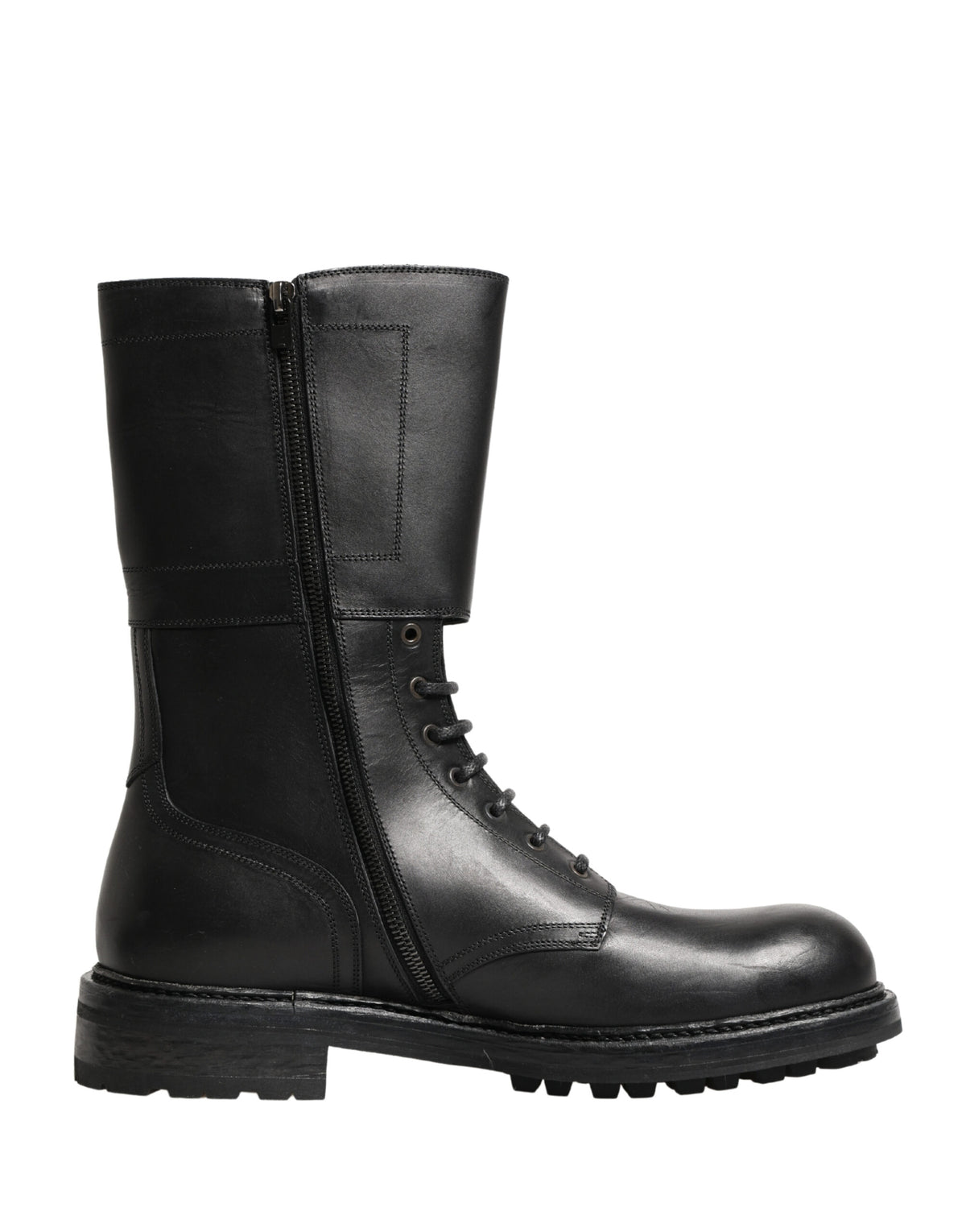 Dolce & Gabbana Black Leather Belted Buckle Combat Boots Men's Shoes