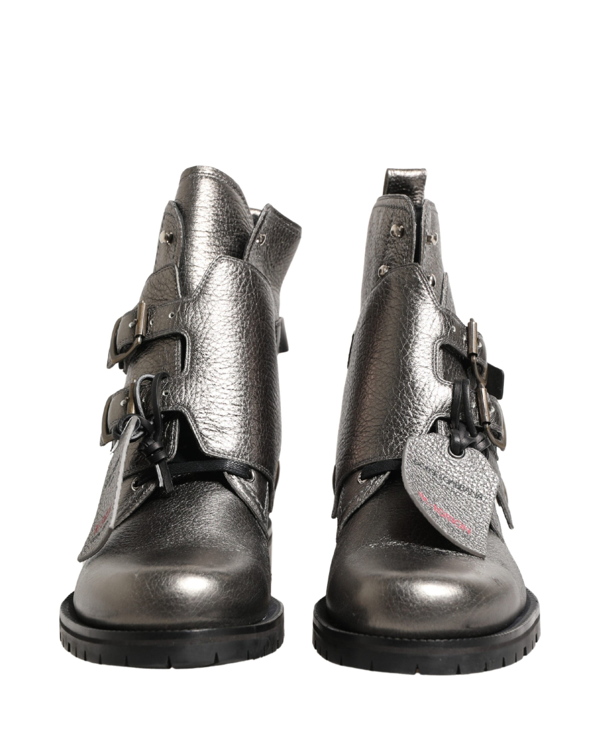 Dolce & Gabbana Metallic Silver Leather Buckle Ankle Boots Men's Shoes