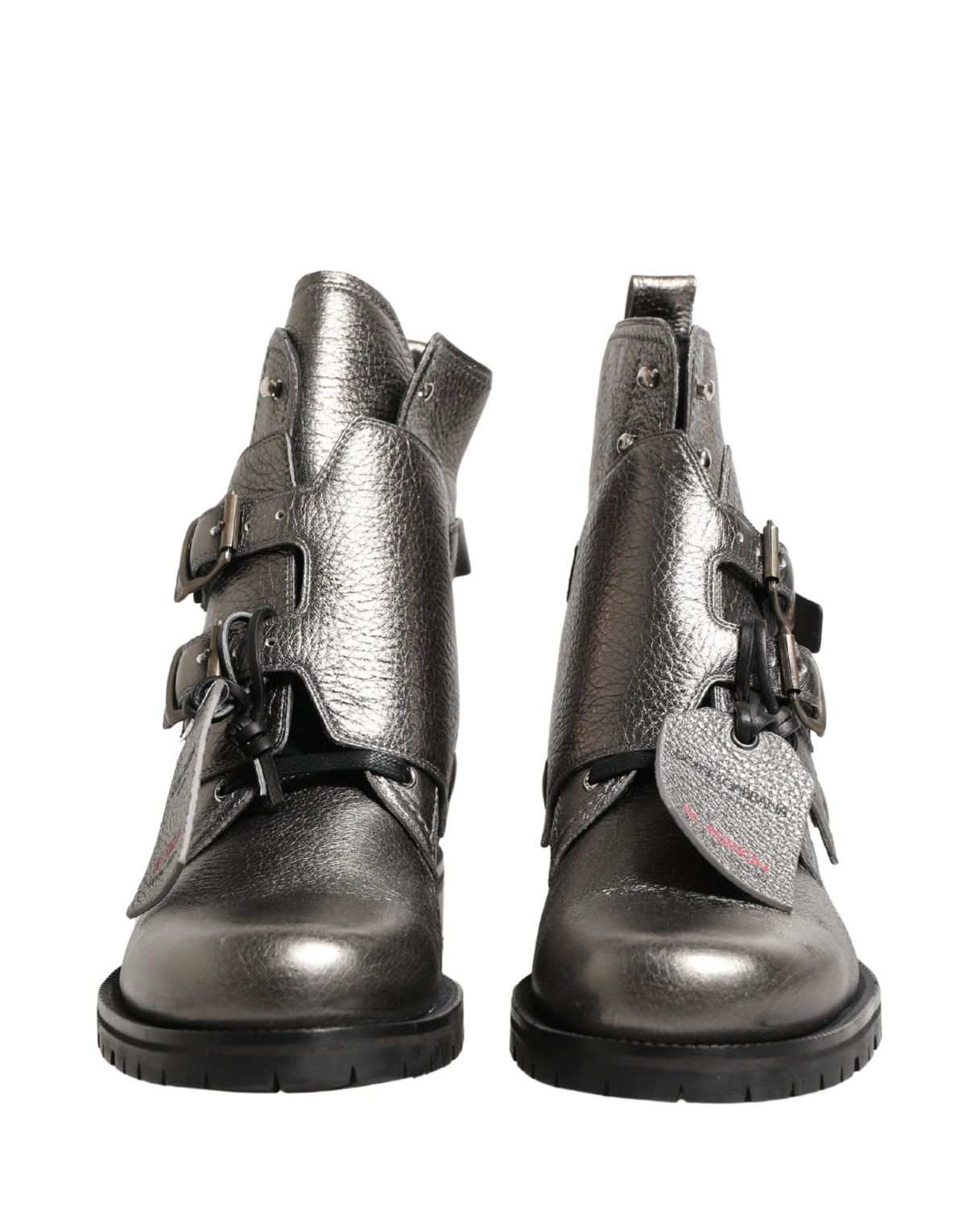 Dolce & Gabbana Metallic Silver Leather Buckle Ankle Boots Men's Shoes