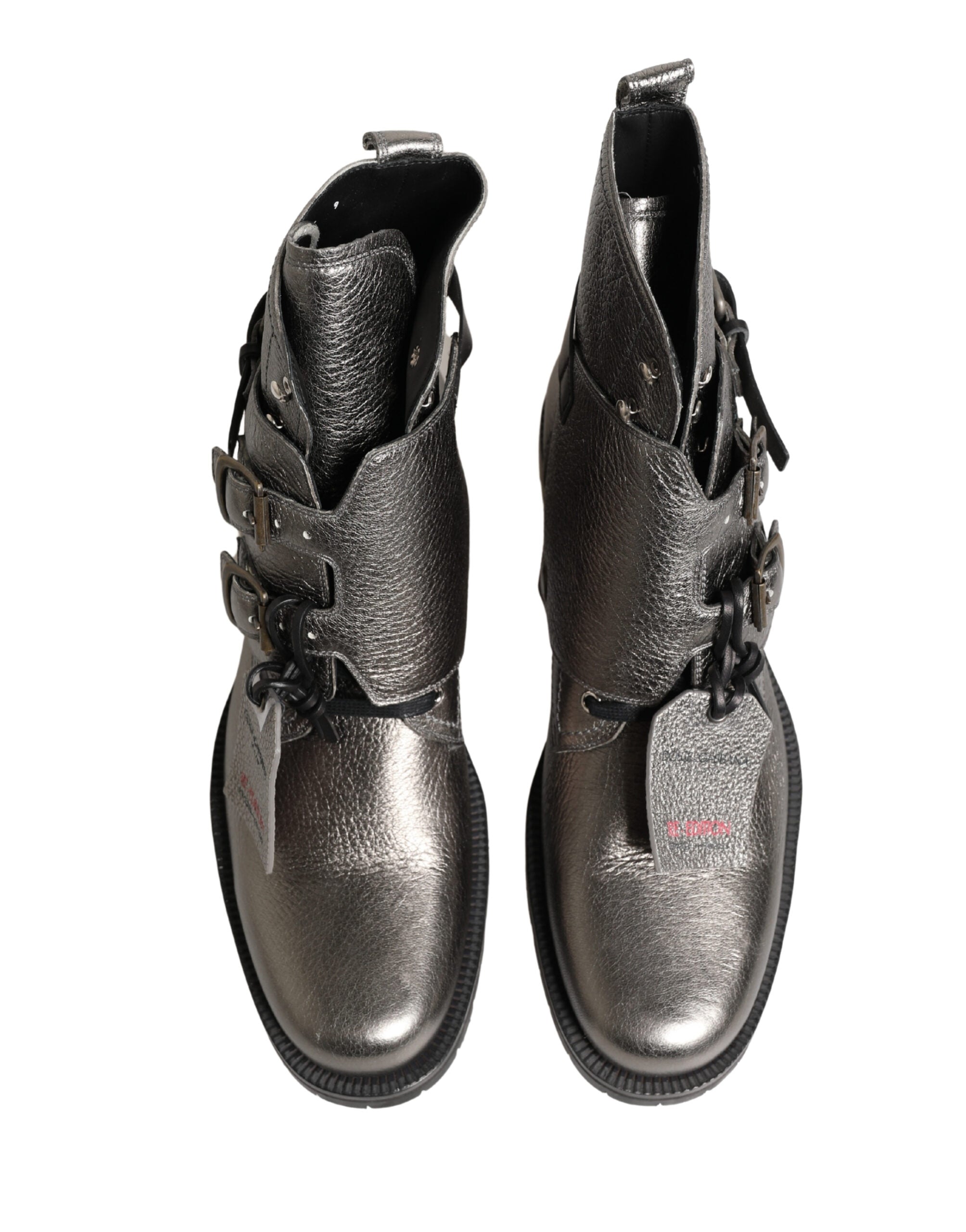 Dolce & Gabbana Metallic Silver Leather Buckle Ankle Boots Men's Shoes