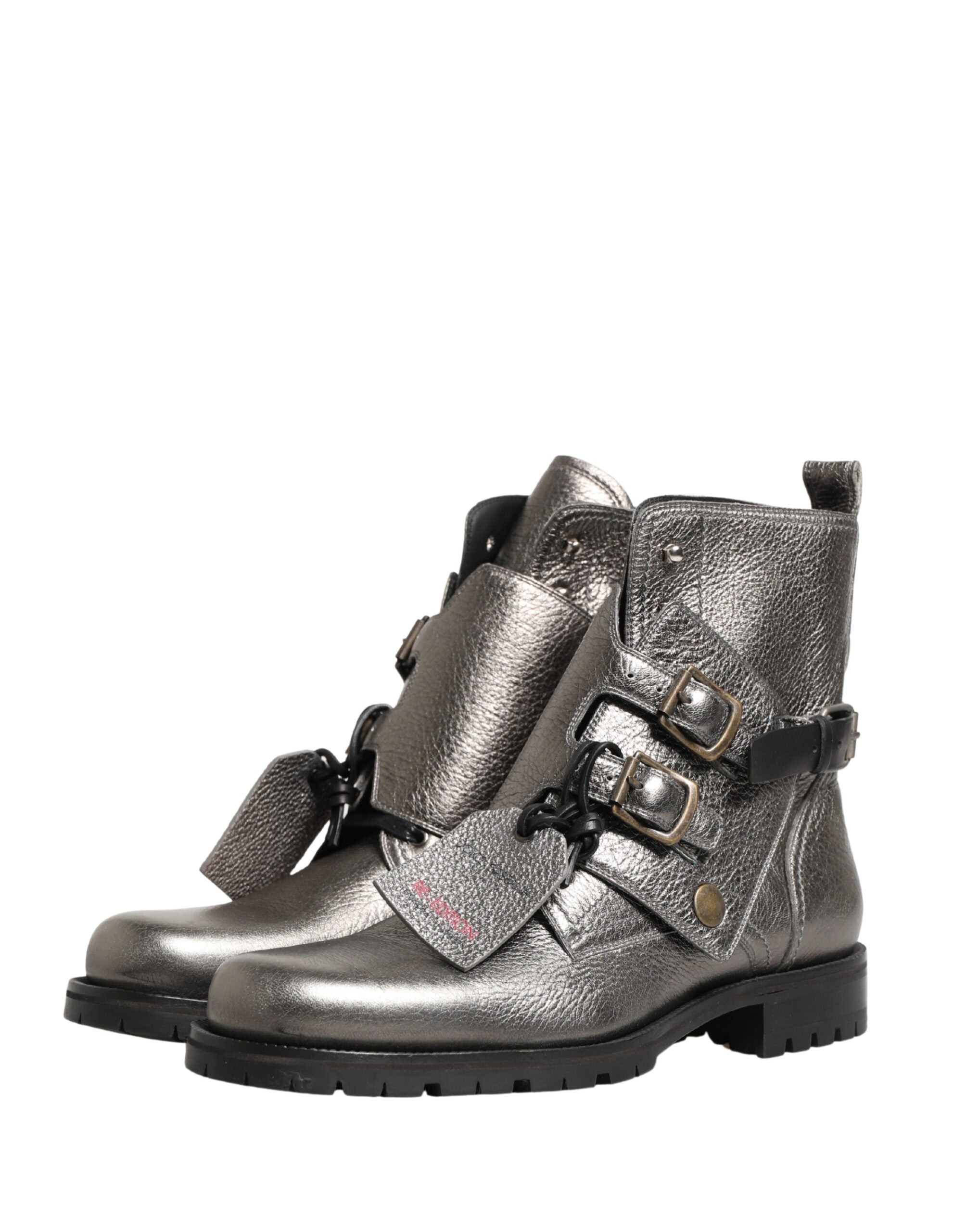 Dolce & Gabbana Metallic Silver Leather Buckle Ankle Boots Men's Shoes
