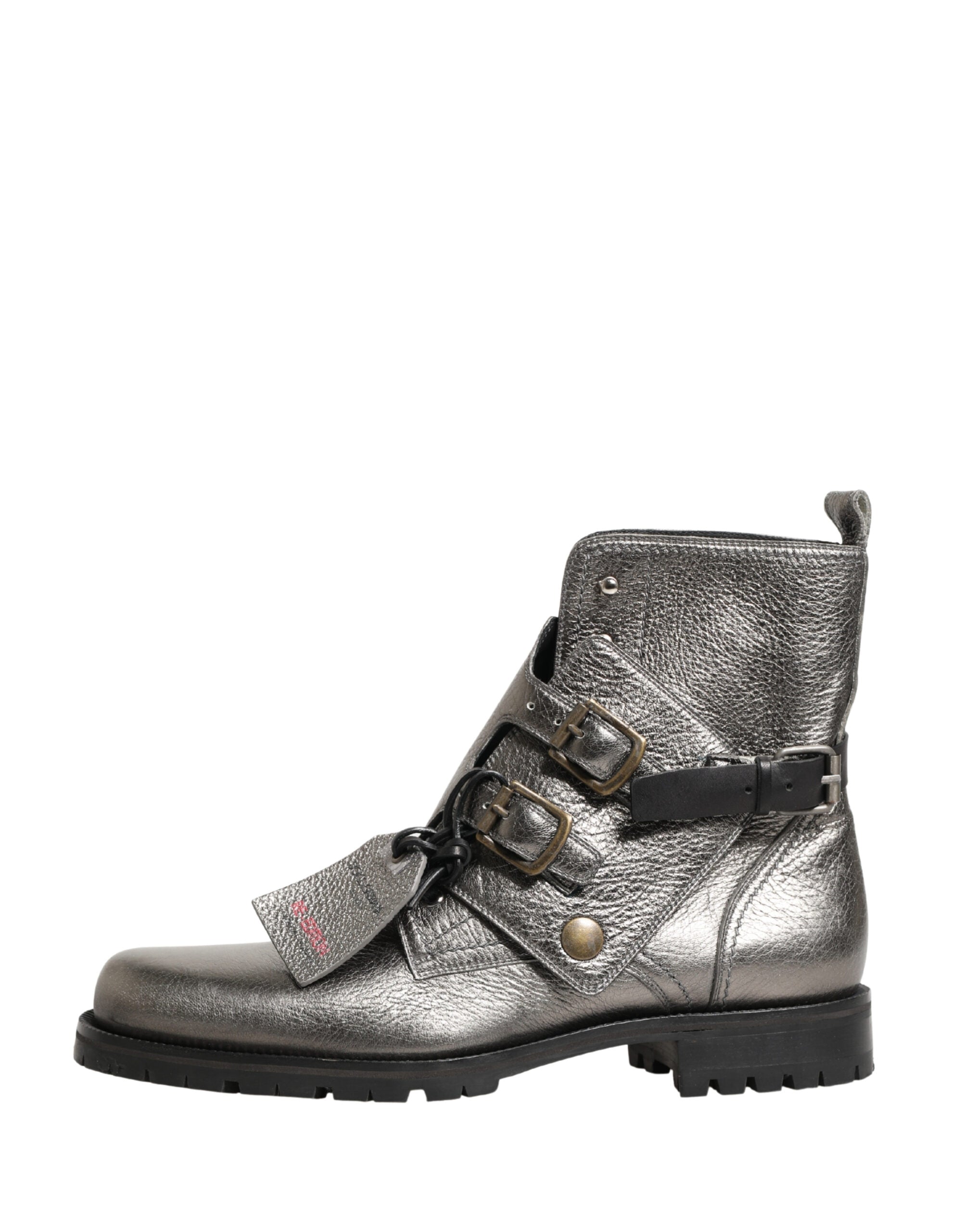 Dolce & Gabbana Metallic Silver Leather Buckle Ankle Boots Men's Shoes