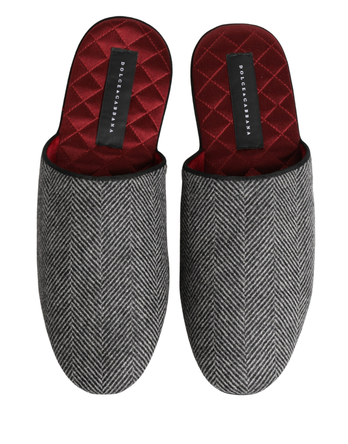 Dolce & Gabbana Grey Herringbone Cashmere Red Slippers Men's Shoes