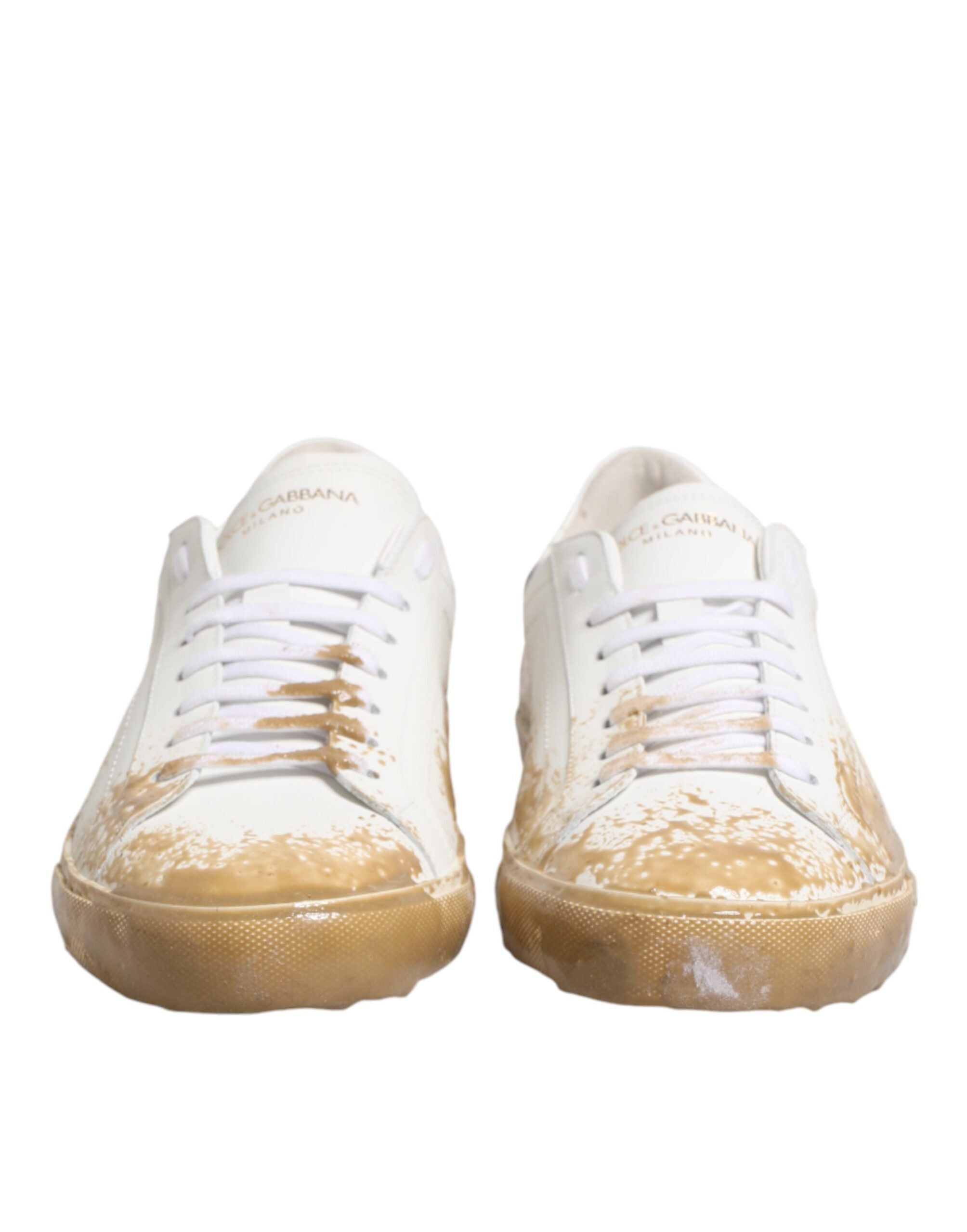 Dolce & Gabbana White Leather Paint Effect Low Top Sneakers Men's Shoes