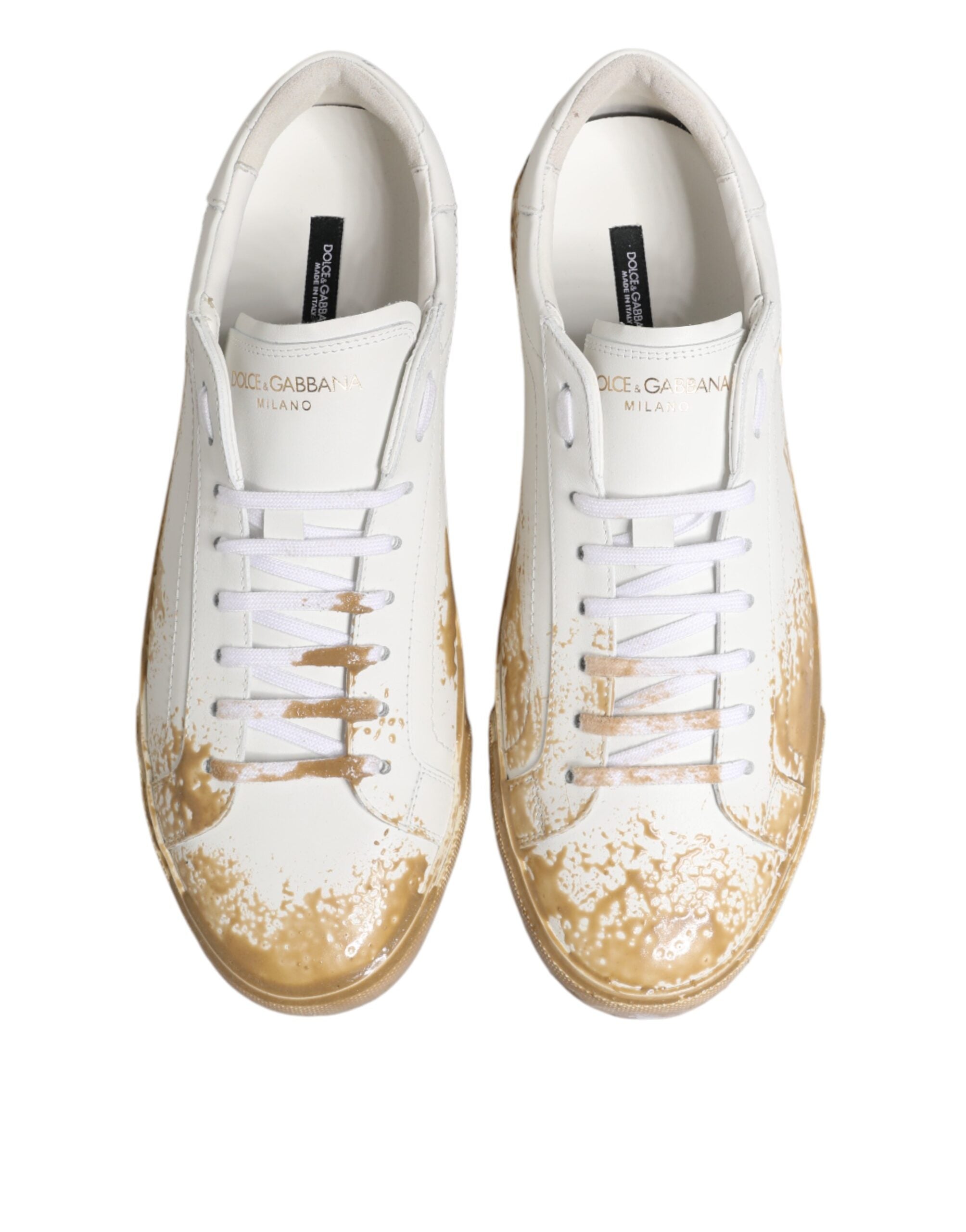 Dolce & Gabbana White Leather Paint Effect Low Top Sneakers Men's Shoes