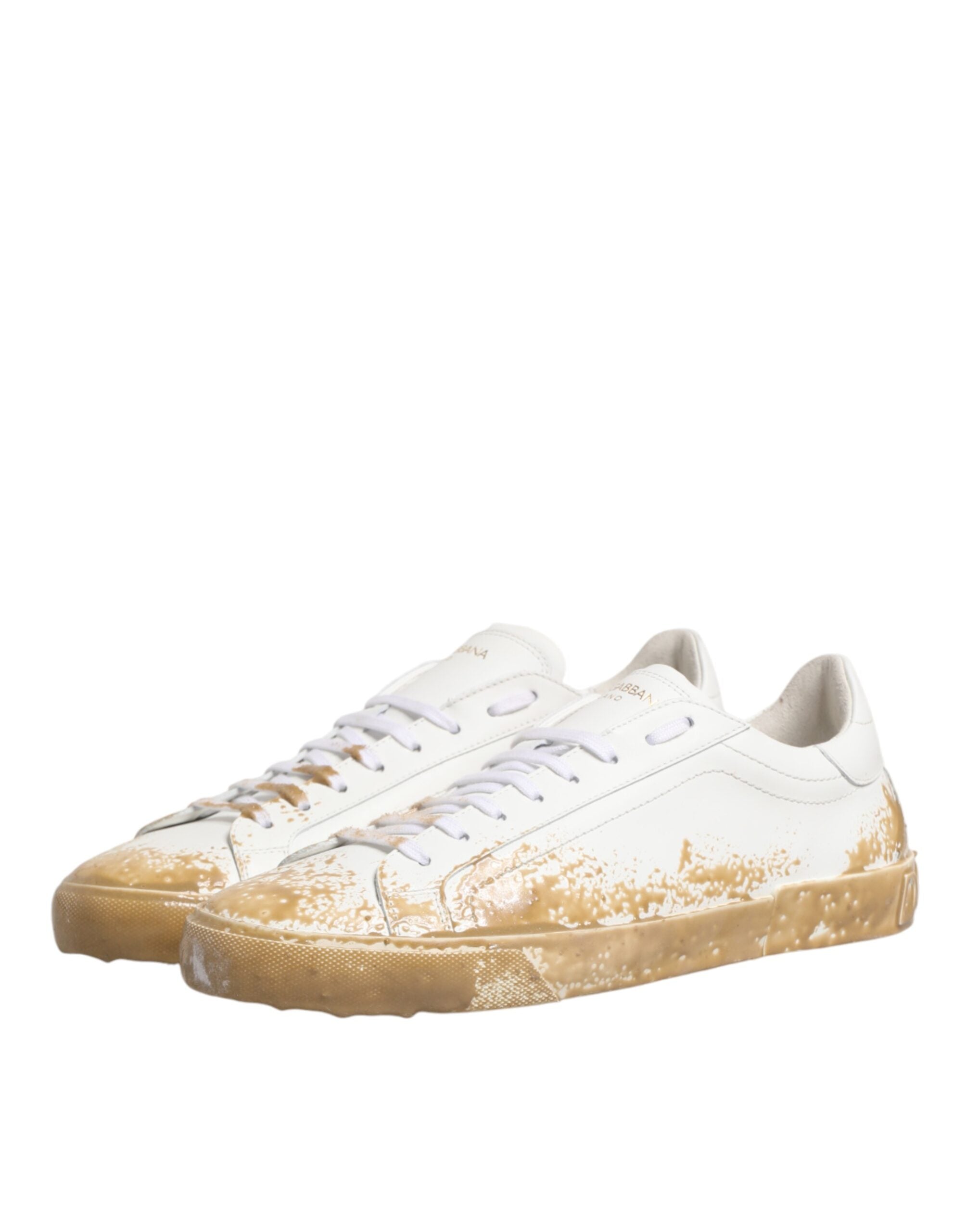 Dolce & Gabbana White Leather Paint Effect Low Top Sneakers Men's Shoes