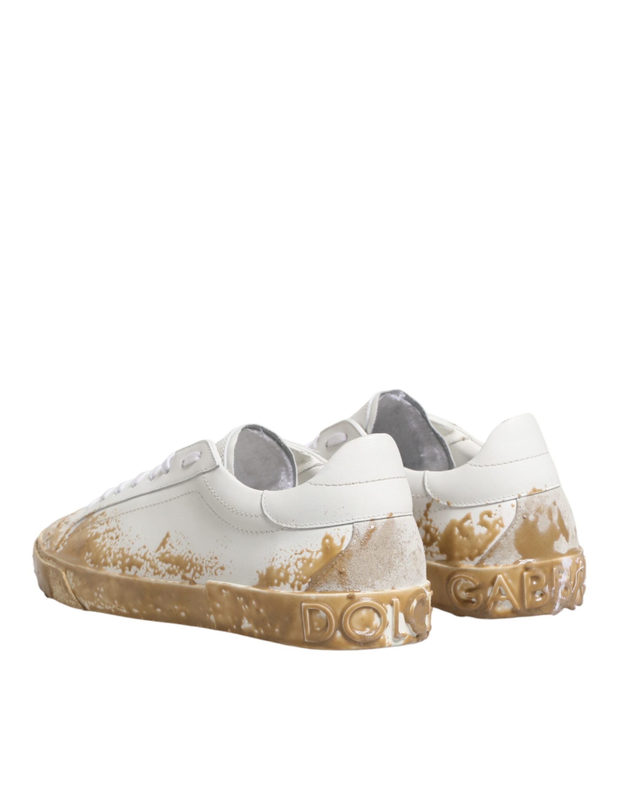 Dolce & Gabbana White Leather Paint Effect Low Top Sneakers Men's Shoes