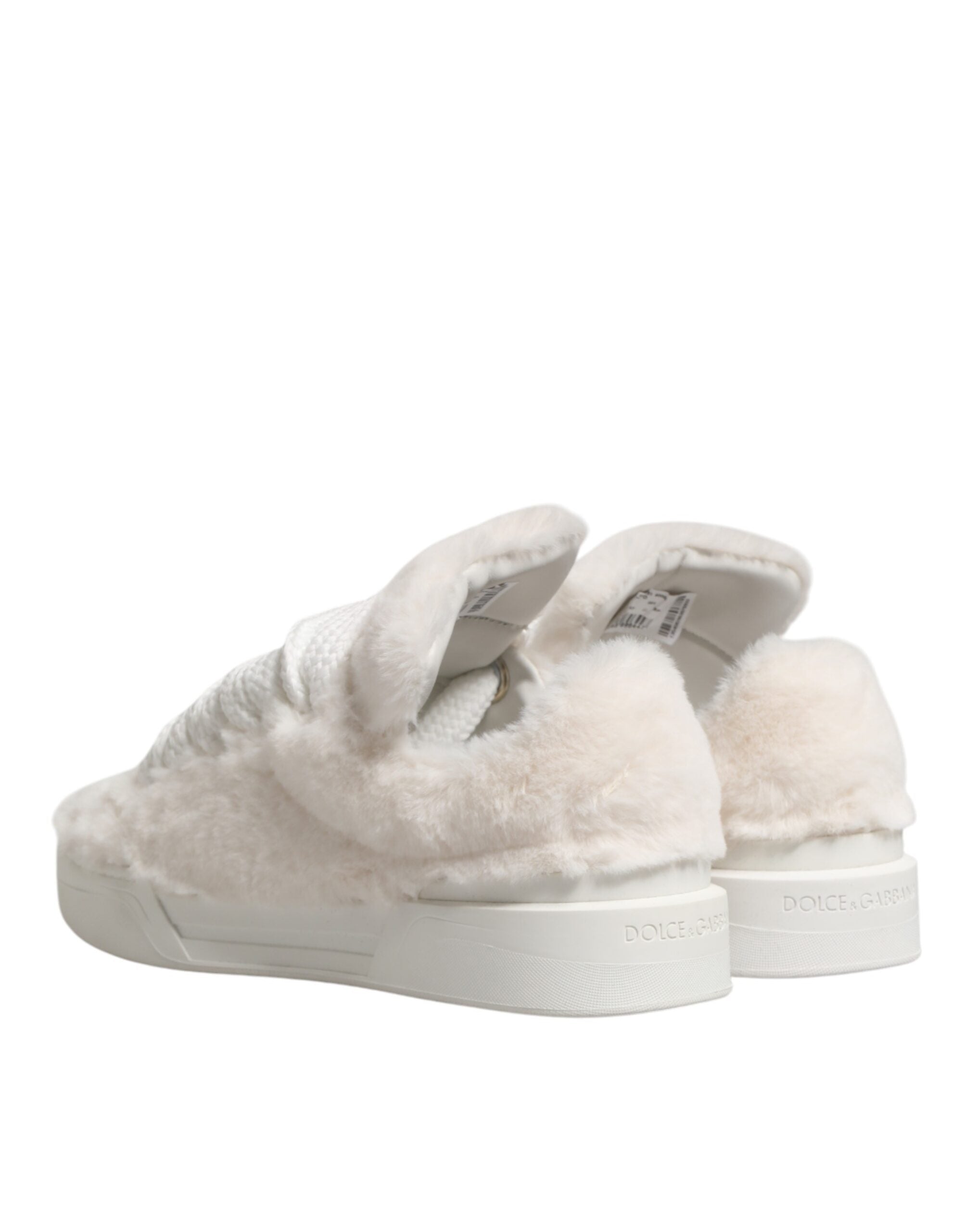 Dolce & Gabbana White Shearling Fur Bianco Low Top Sneakers Men's Shoes