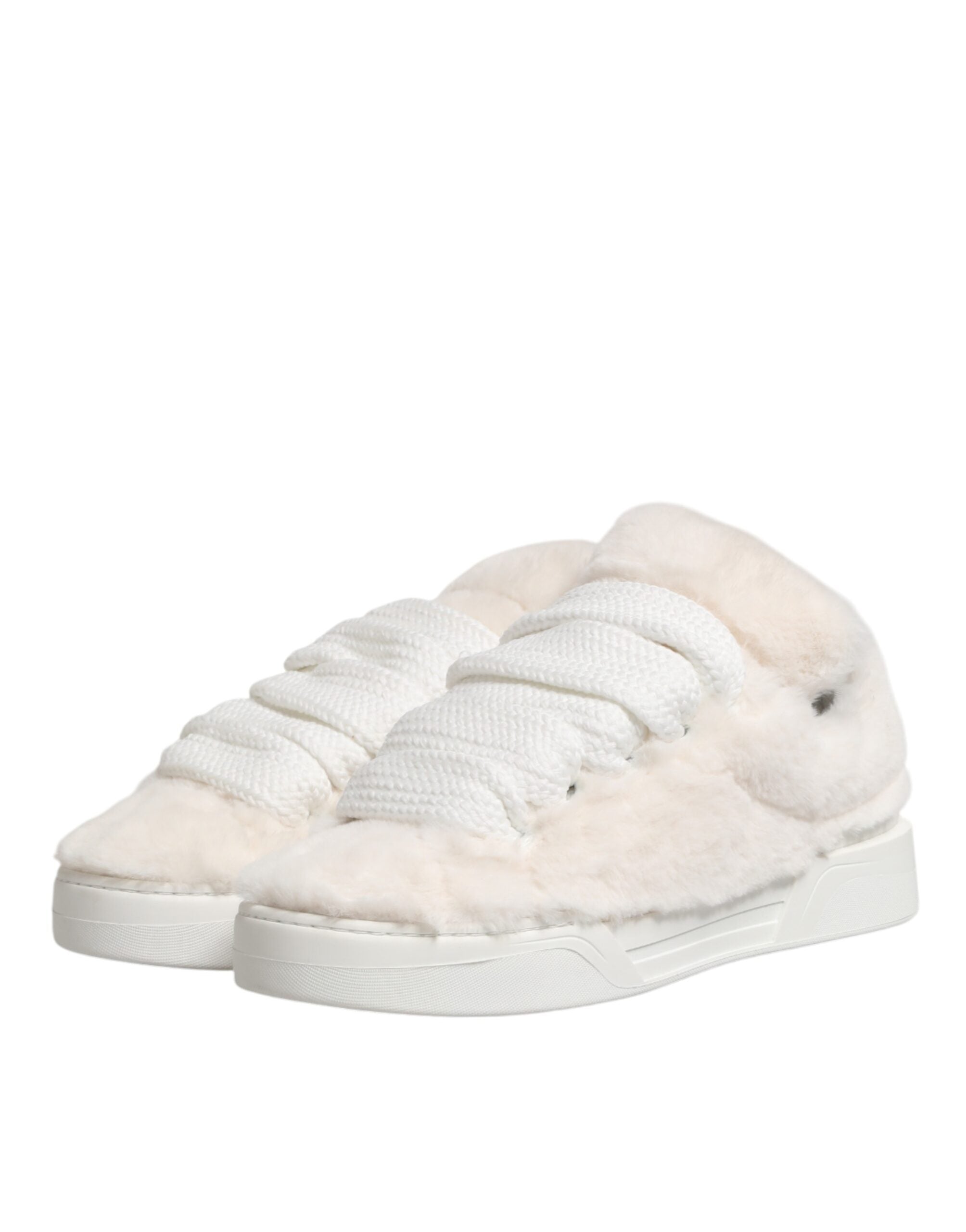 Dolce & Gabbana White Shearling Fur Bianco Low Top Sneakers Men's Shoes