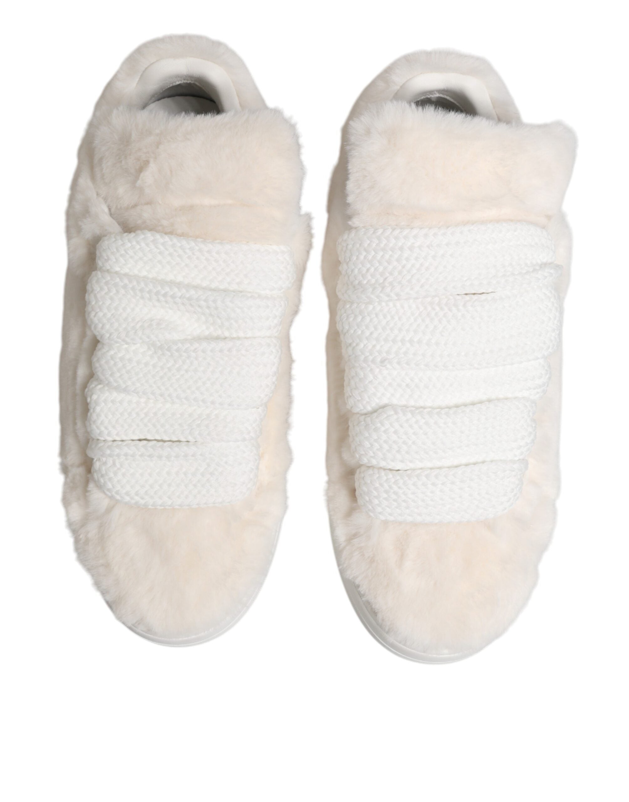 Dolce & Gabbana White Shearling Fur Bianco Low Top Sneakers Men's Shoes