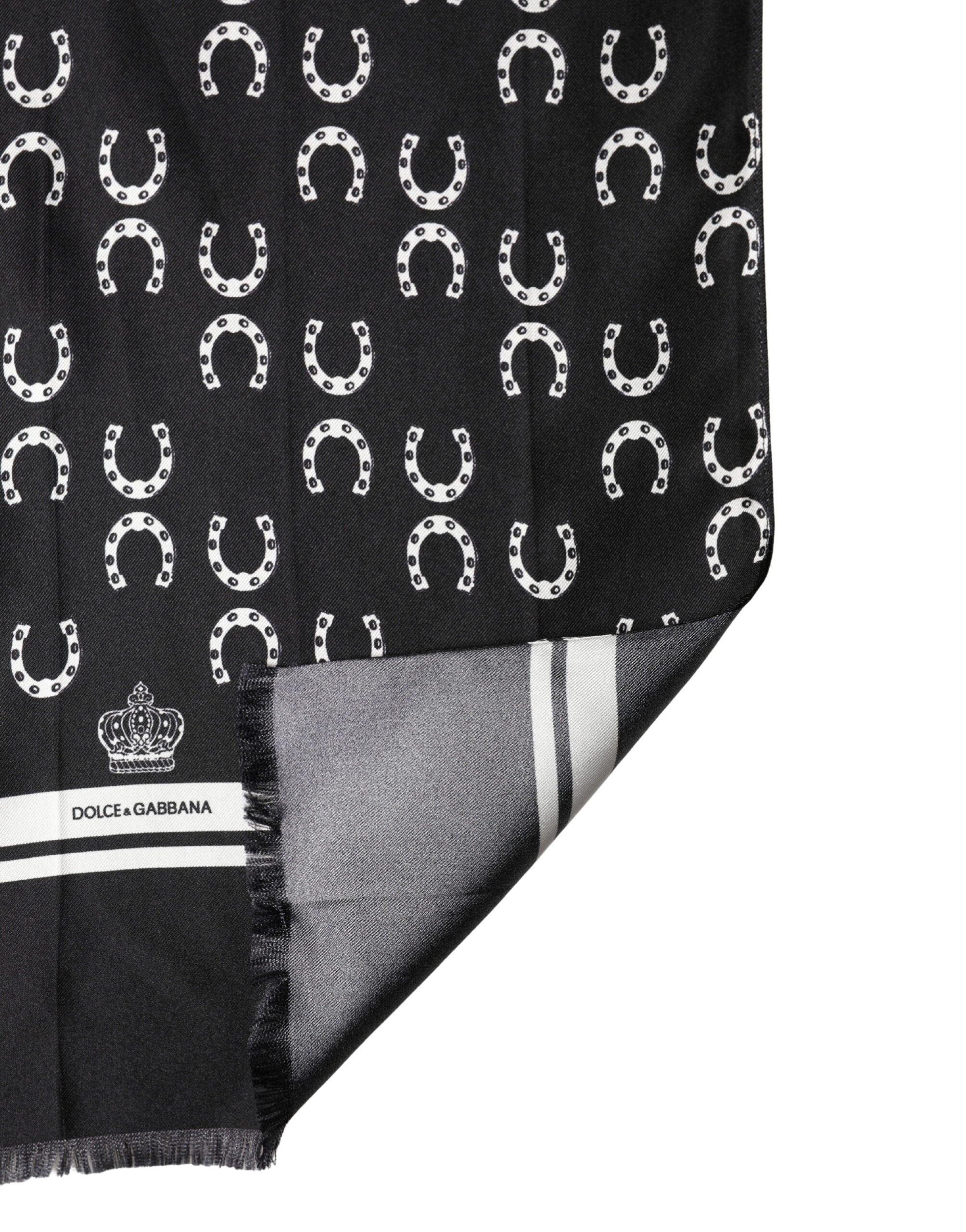 Dolce & Gabbana Black Horseshoe Silk Neck Foulard 136cm x 23cm Men Men's Scarf