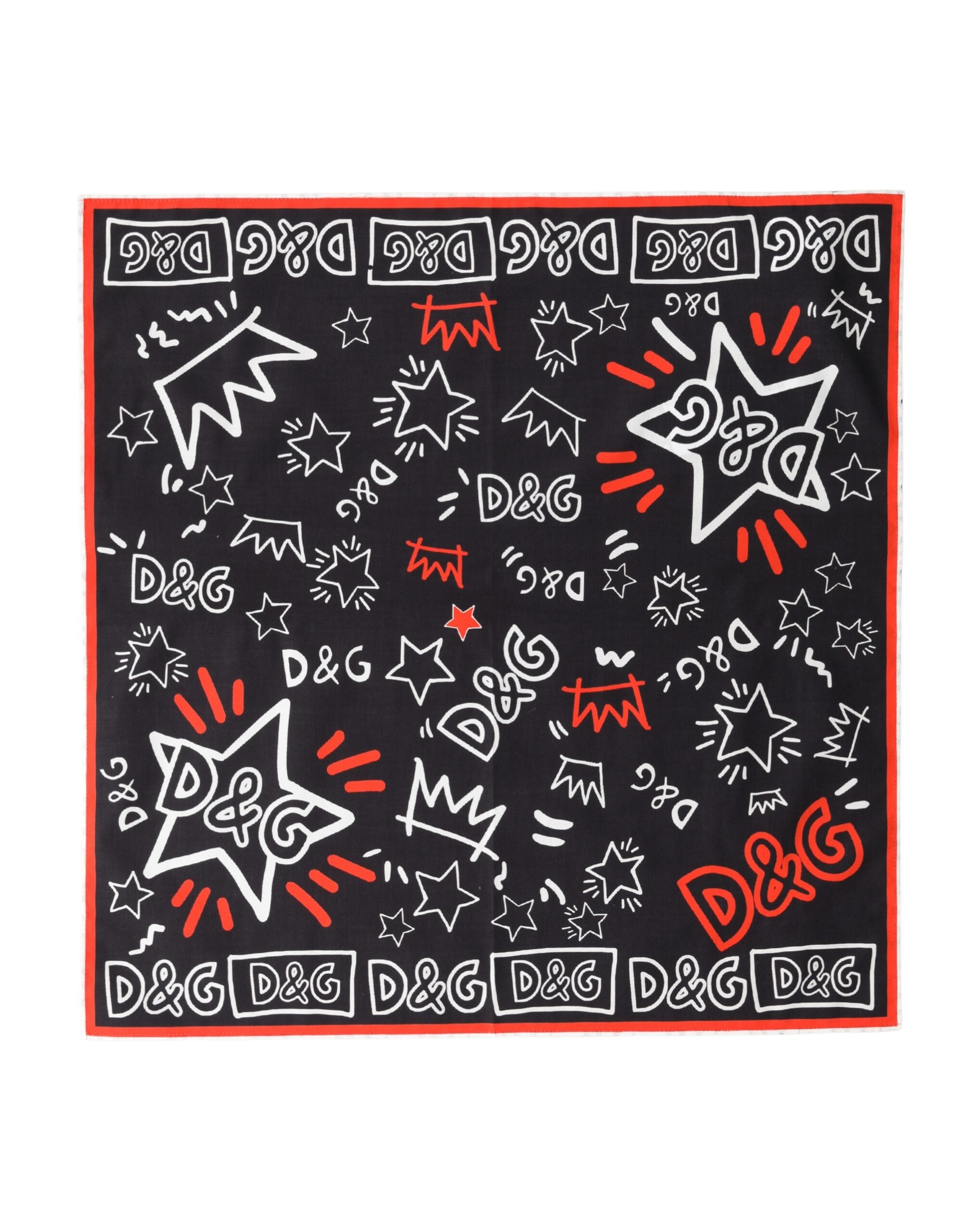 Dolce & Gabbana Black White Red DG Crown Cotton Foulard 47cm x 46cm Women's Scarf