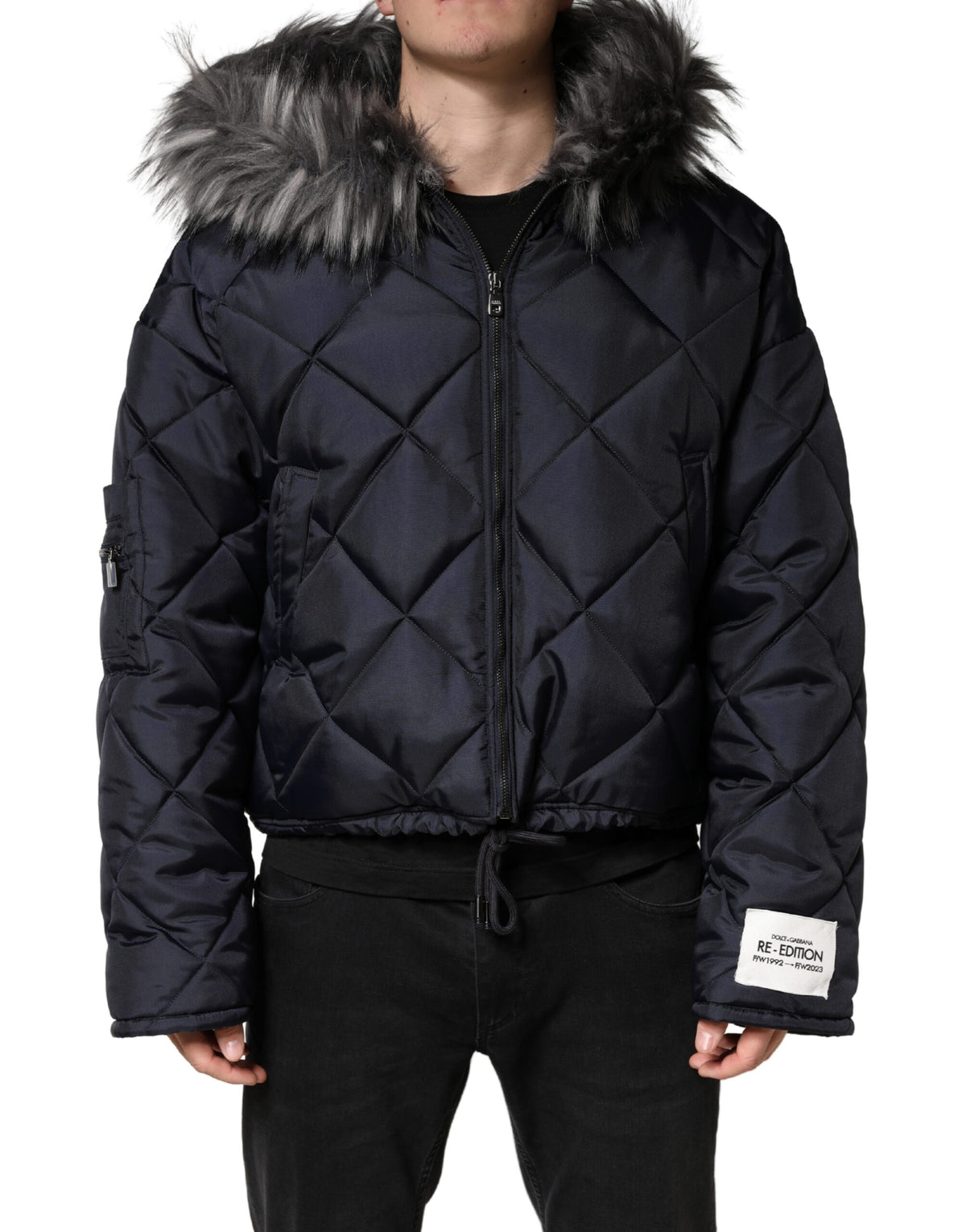 Dolce & Gabbana Black Quilted Fur Shearling Hooded Men's Jacket