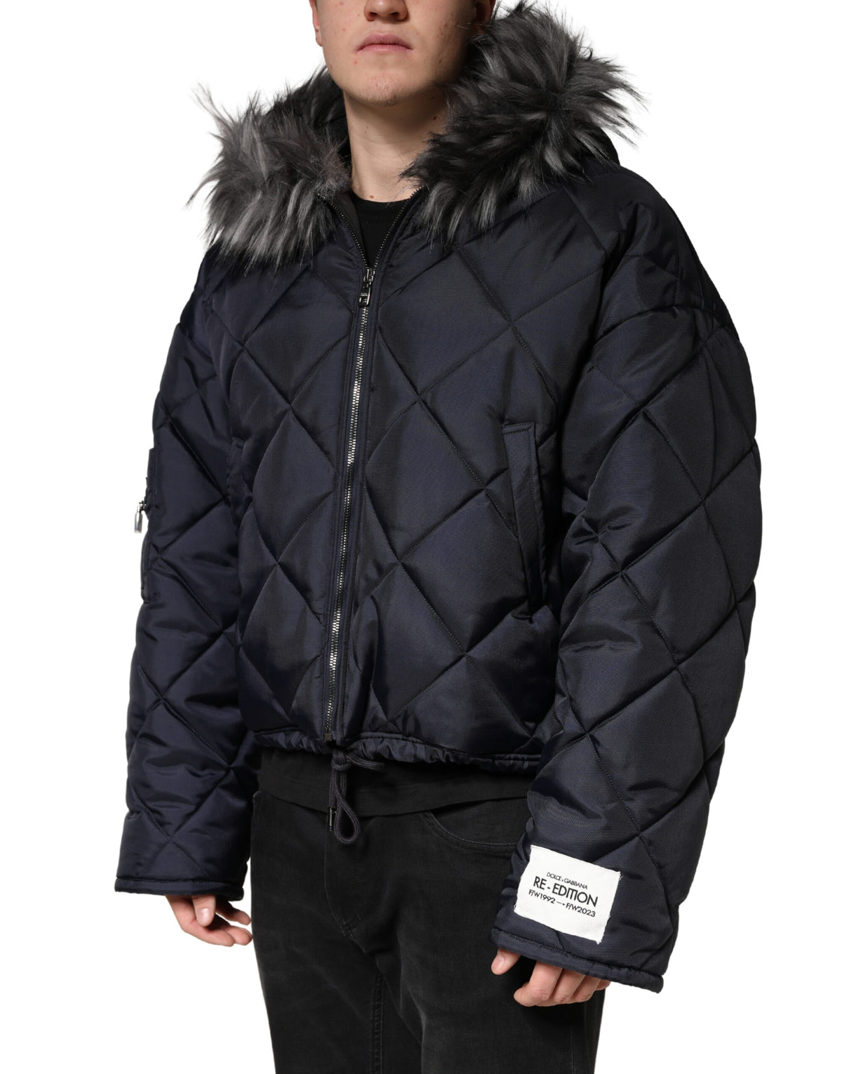 Dolce & Gabbana Black Quilted Fur Shearling Hooded Men's Jacket