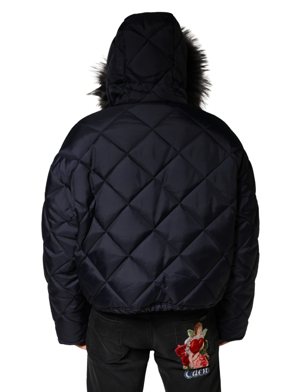 Dolce & Gabbana Black Quilted Fur Shearling Hooded Men's Jacket
