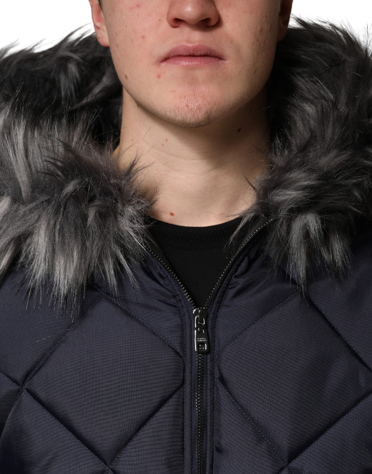Dolce & Gabbana Black Quilted Fur Shearling Hooded Men's Jacket