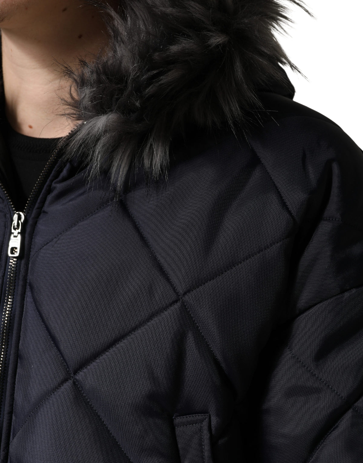 Dolce & Gabbana Black Quilted Fur Shearling Hooded Men's Jacket