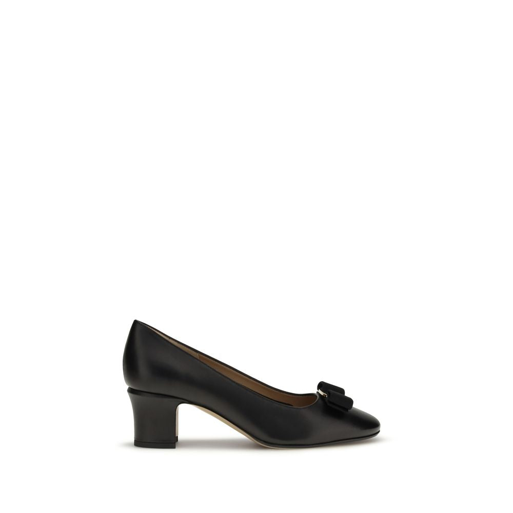 Ferragamo Black Calf Leather Bos Taurus Mid Heel Women's Pumps