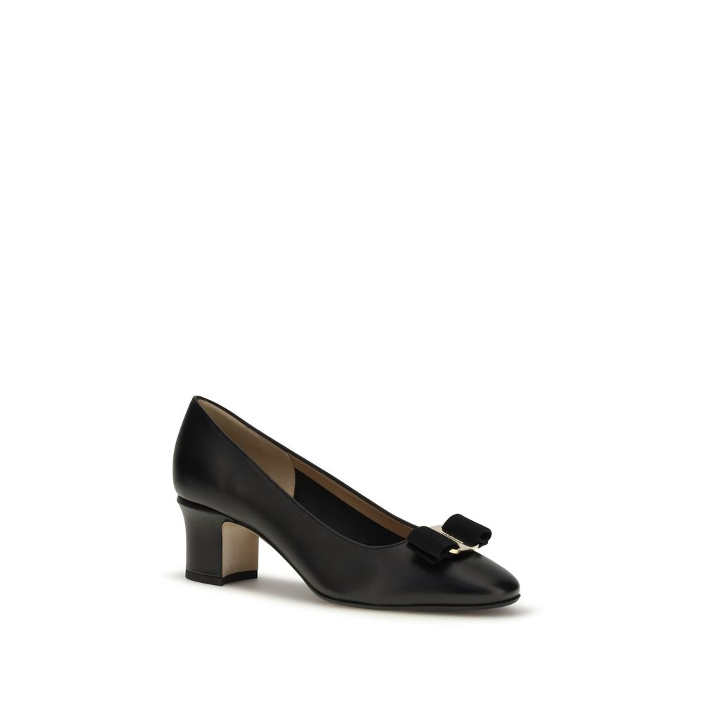 Ferragamo Black Calf Leather Bos Taurus Mid Heel Women's Pumps