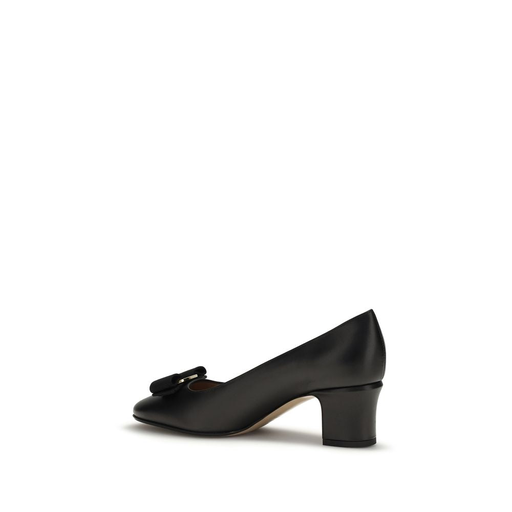 Ferragamo Black Calf Leather Bos Taurus Mid Heel Women's Pumps