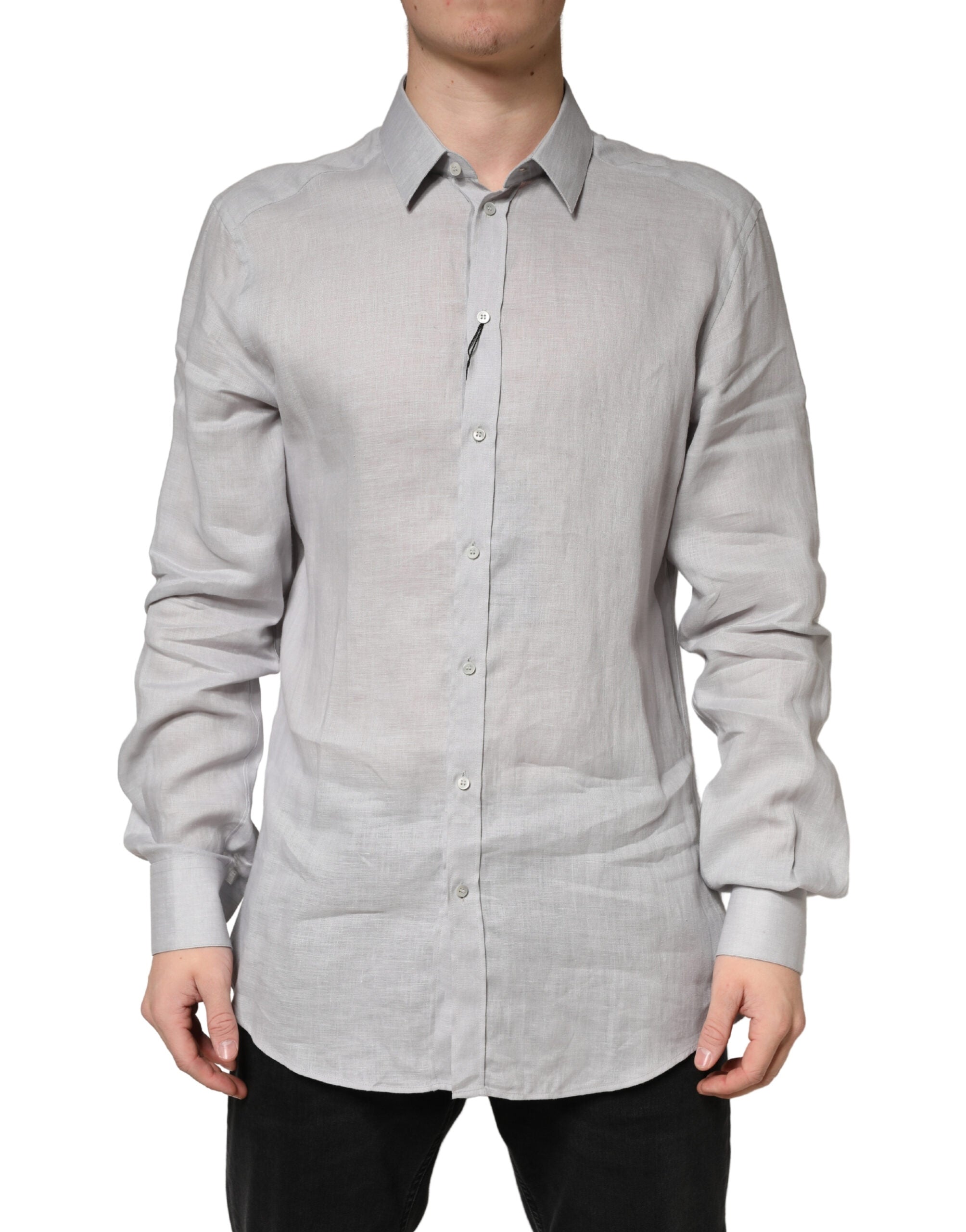 Dolce & Gabbana Gray GOLD Linen Long Sleeves Dress Men Men's Shirt (Pre-Owned)