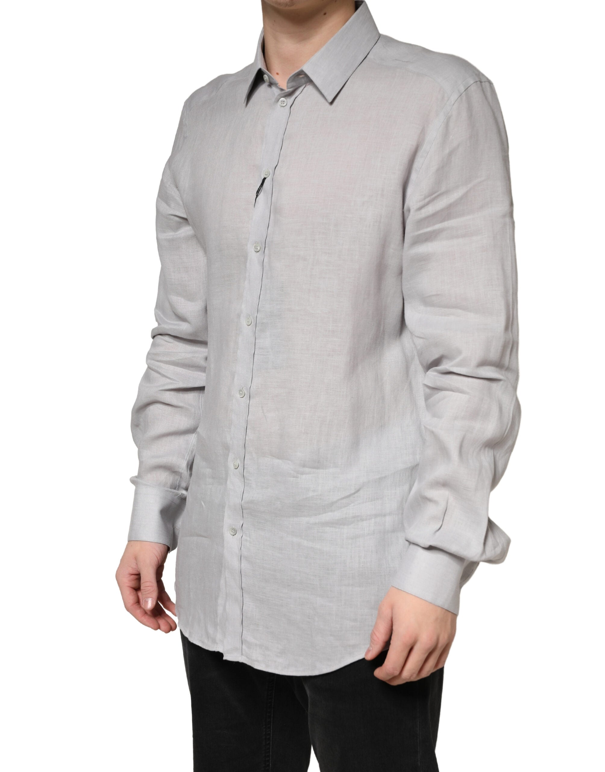 Dolce & Gabbana Gray GOLD Linen Long Sleeves Dress Men Men's Shirt (Pre-Owned)