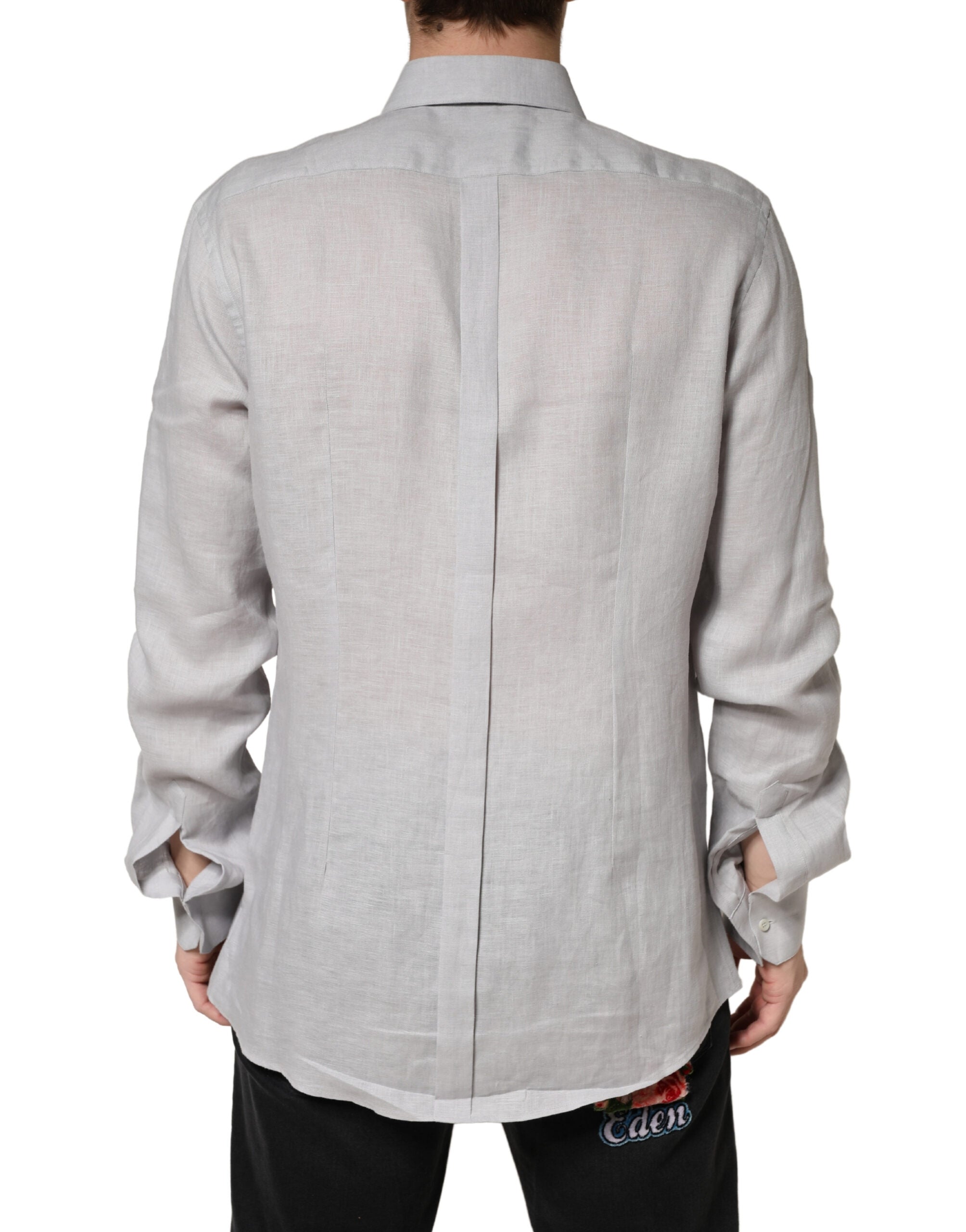 Dolce & Gabbana Gray GOLD Linen Long Sleeves Dress Men Men's Shirt (Pre-Owned)