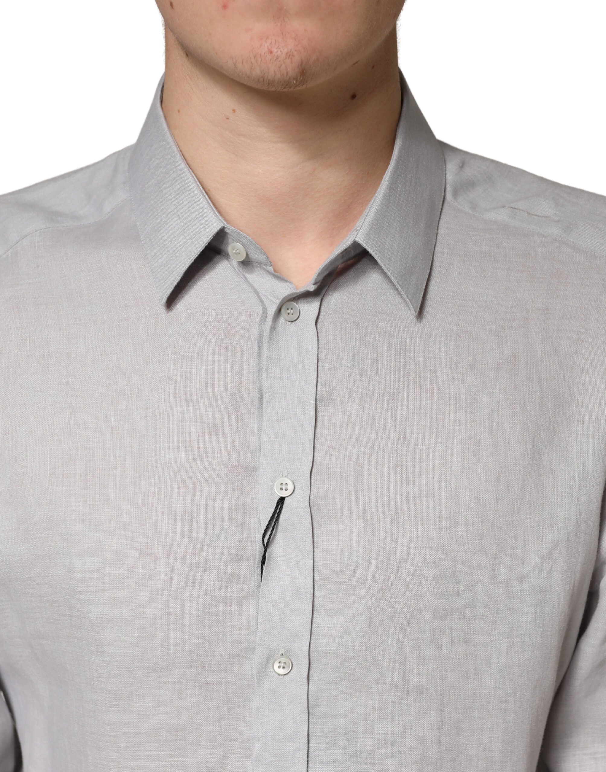 Dolce & Gabbana Gray GOLD Linen Long Sleeves Dress Men Men's Shirt (Pre-Owned)