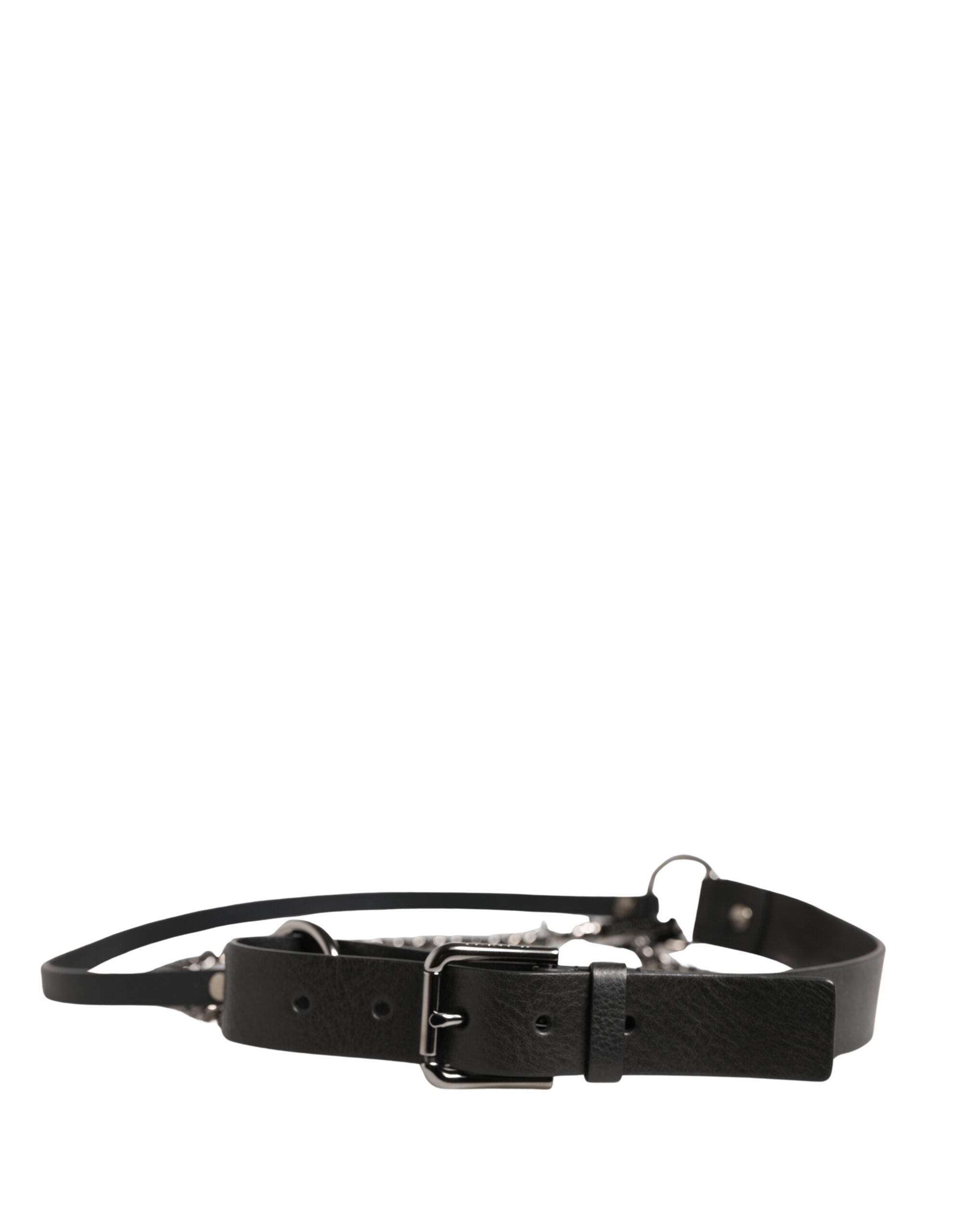 Dolce & Gabbana Black Leather Silver Chain Waist Men Men's Belt