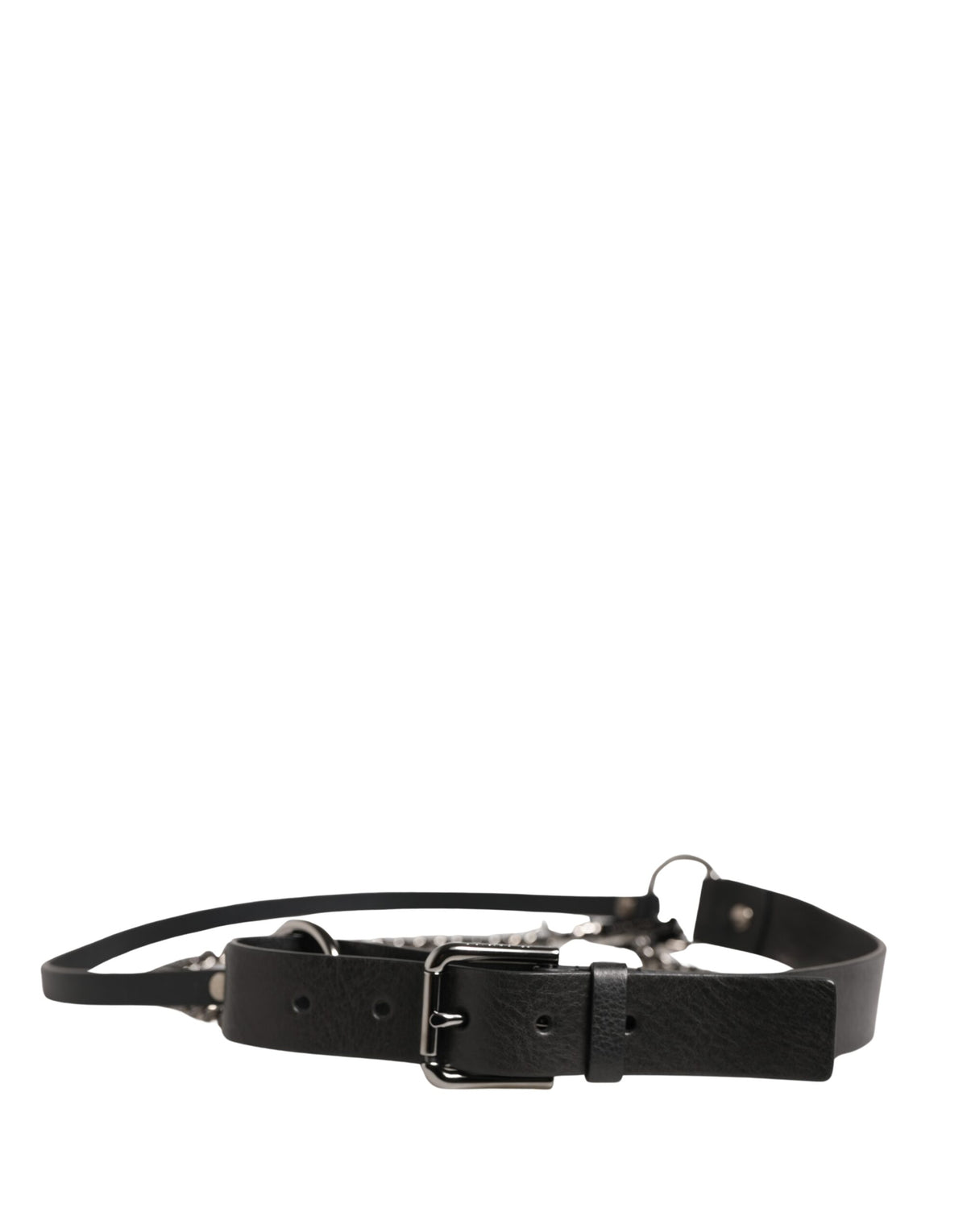 Dolce & Gabbana Black Leather Silver Chain Waist Men Men's Belt