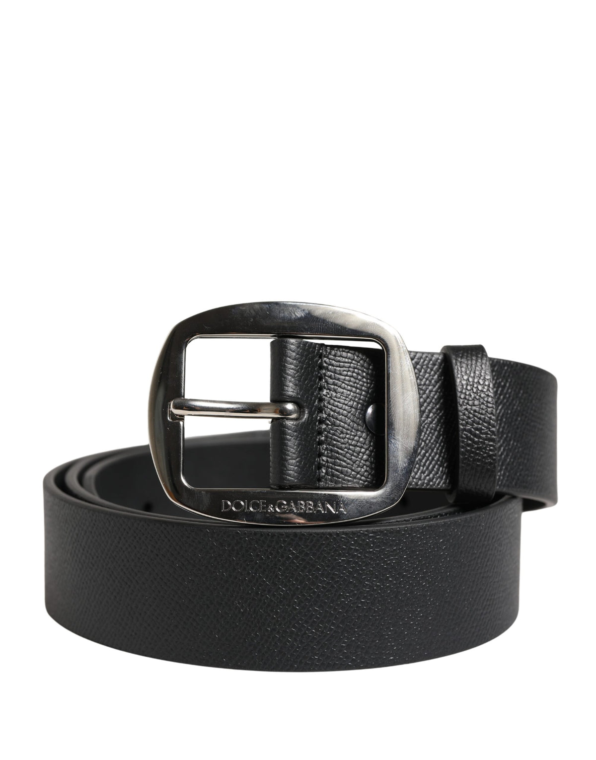 Dolce & Gabbana Black Calf Leather Silver Metal Buckle Men's Belt (Pre-Owned)