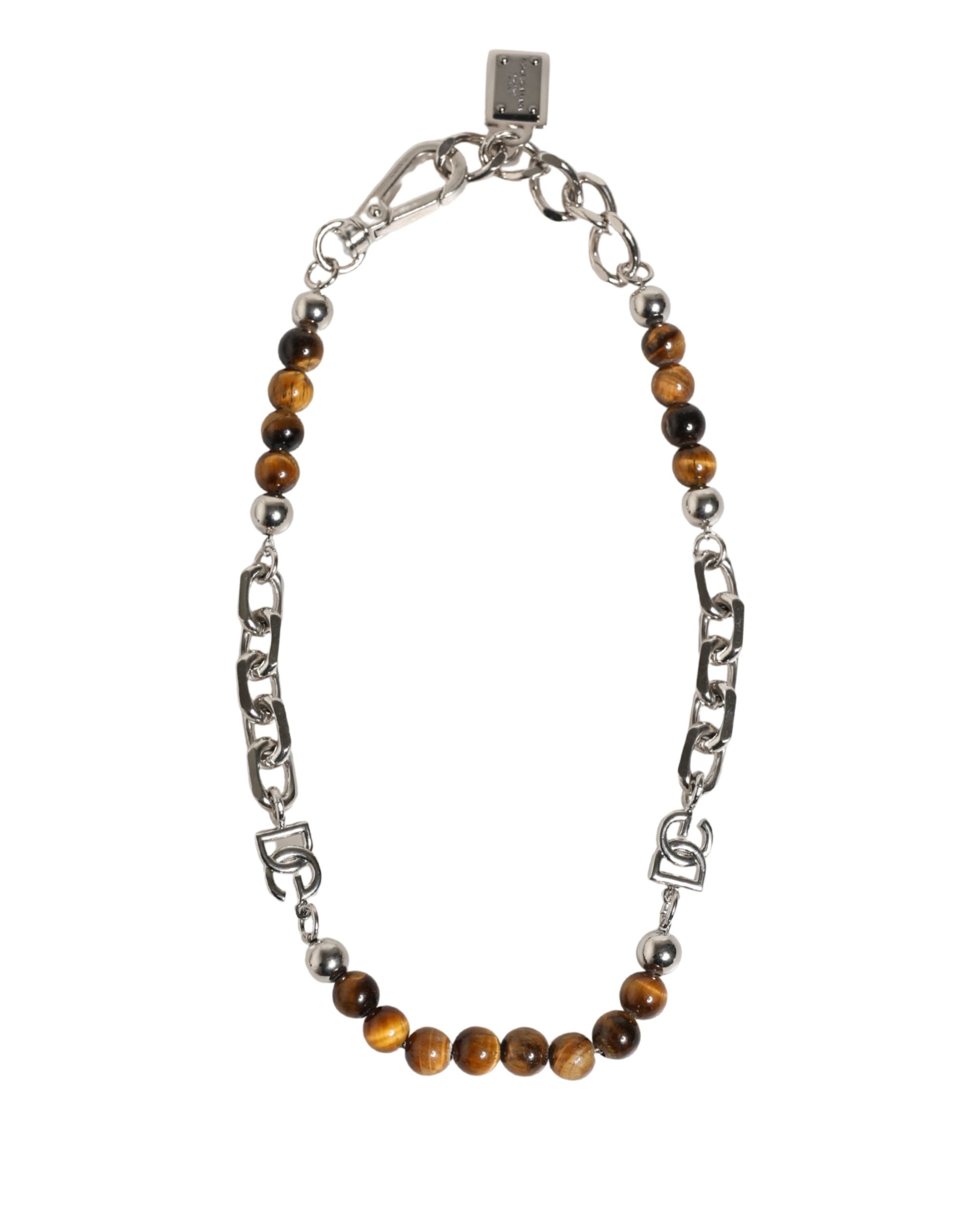 Dolce & Gabbana Silver Tone Brass Chain Beaded Gem DG Logo Women's Bracelet
